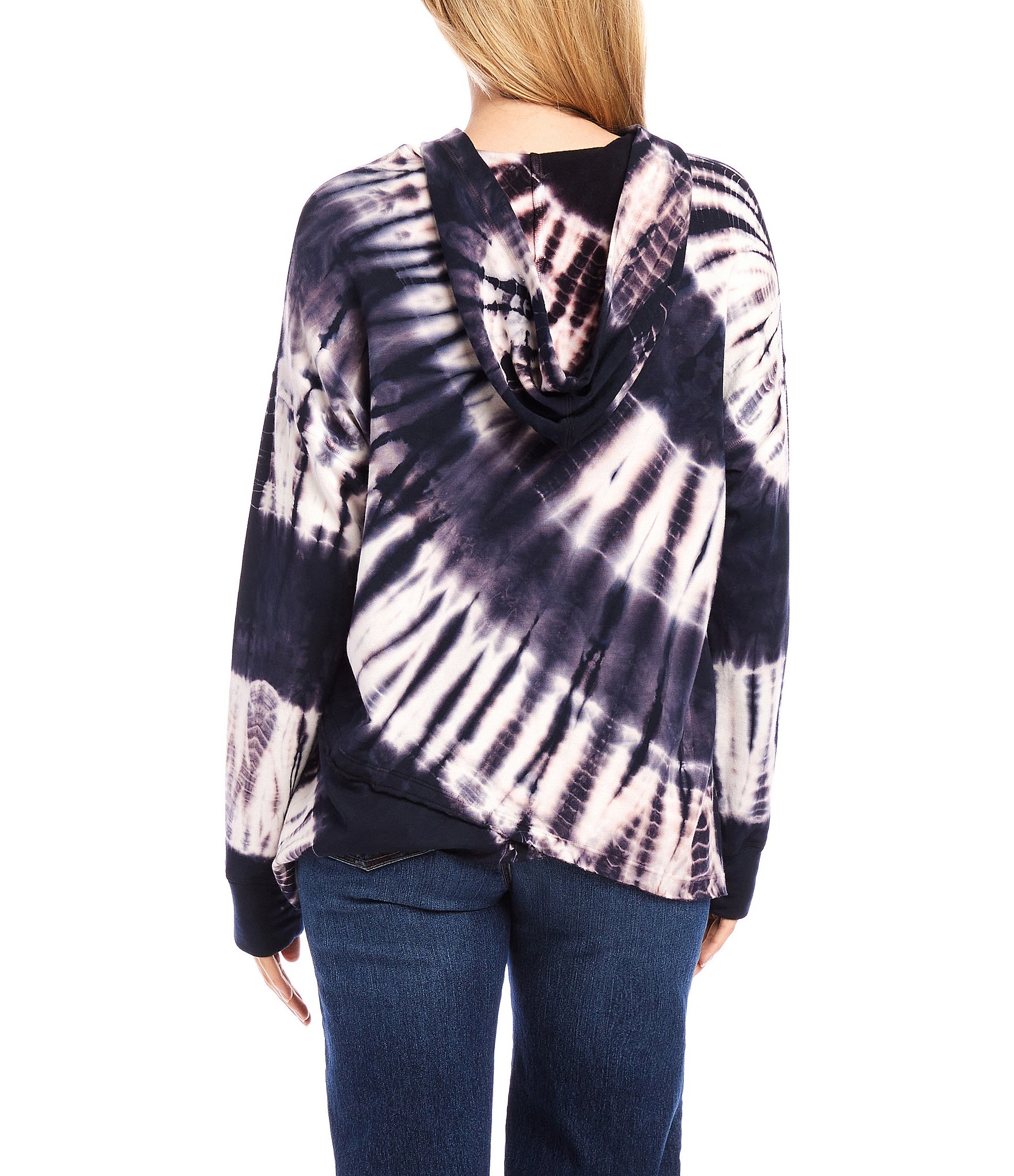 Karen Kane Petite Size Knit Tie-Dye Print Long Sleeve Asymmetric Hem Hoodie