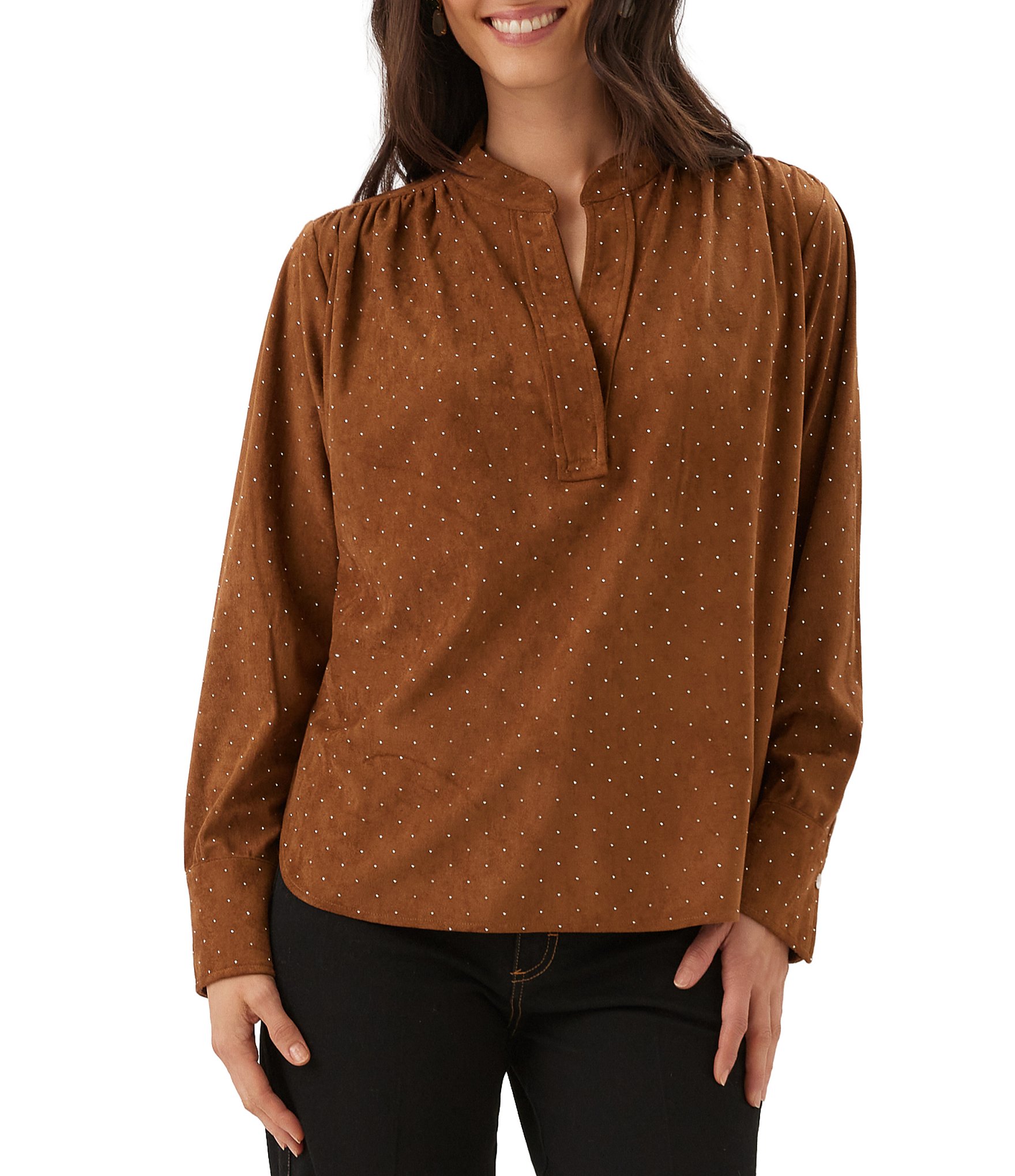Karen Kane Petite Size Shimmer Faux Suede Split V-Neck Long Sleeve Top