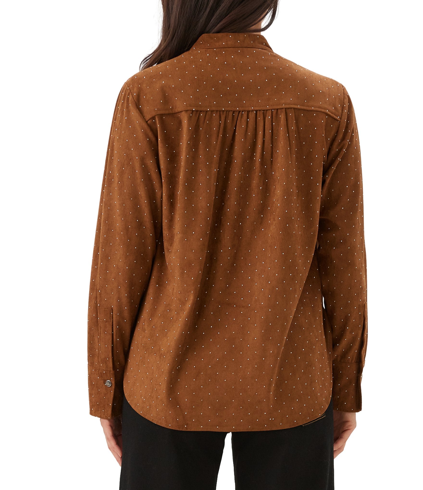 Karen Kane Petite Size Shimmer Faux Suede Split V-Neck Long Sleeve Top