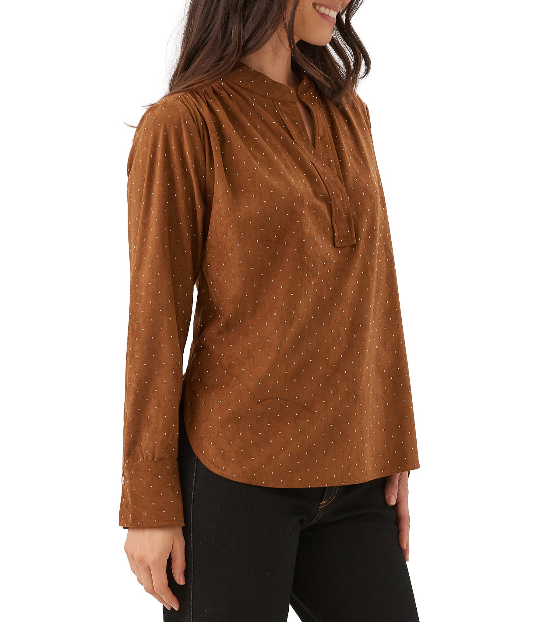 Karen Kane Petite Size Shimmer Faux Suede Split V-Neck Long Sleeve Top