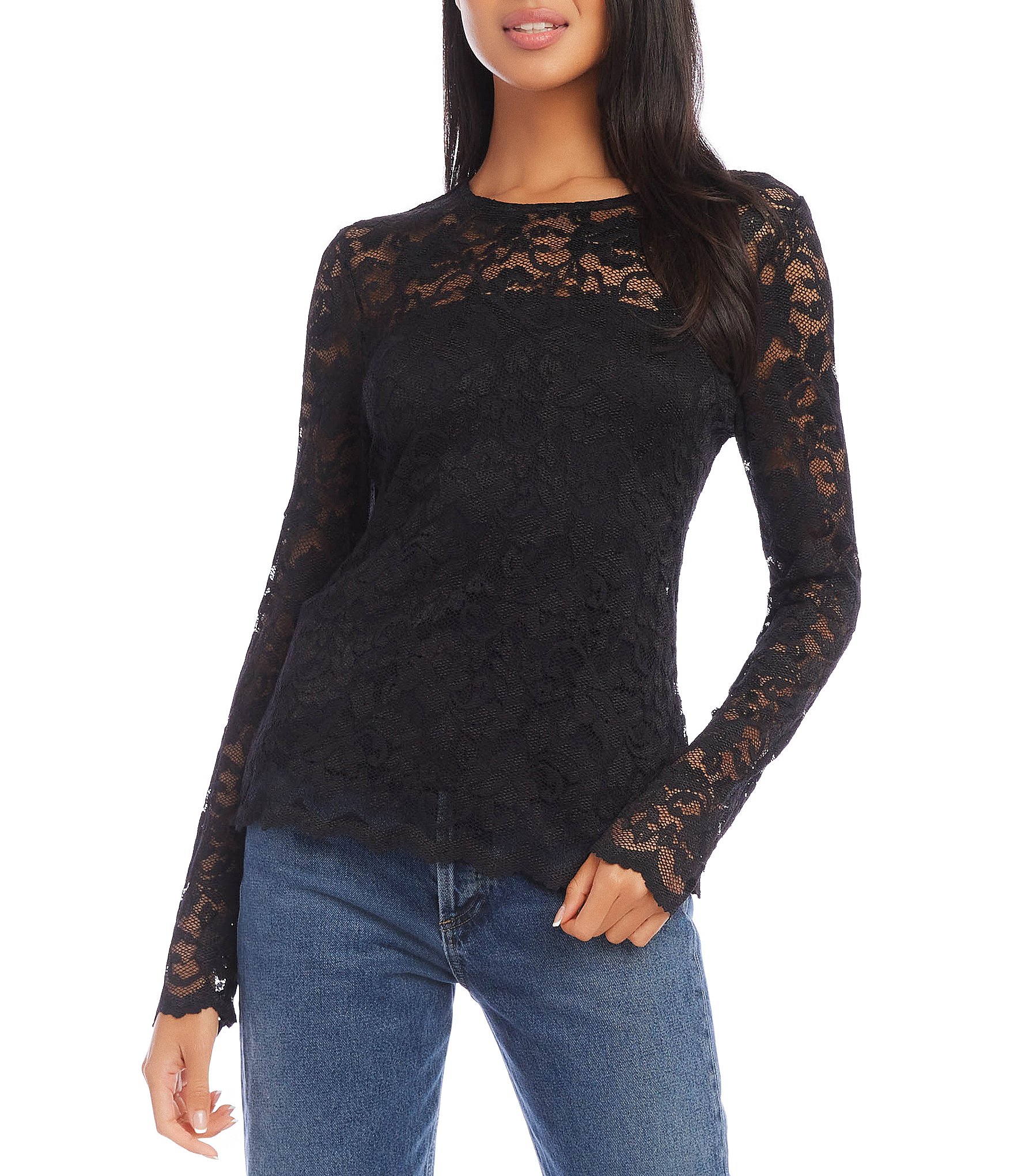 Karen Kane Petite Size Stretch Floral Lace Crew Neck Long Sleeve ...