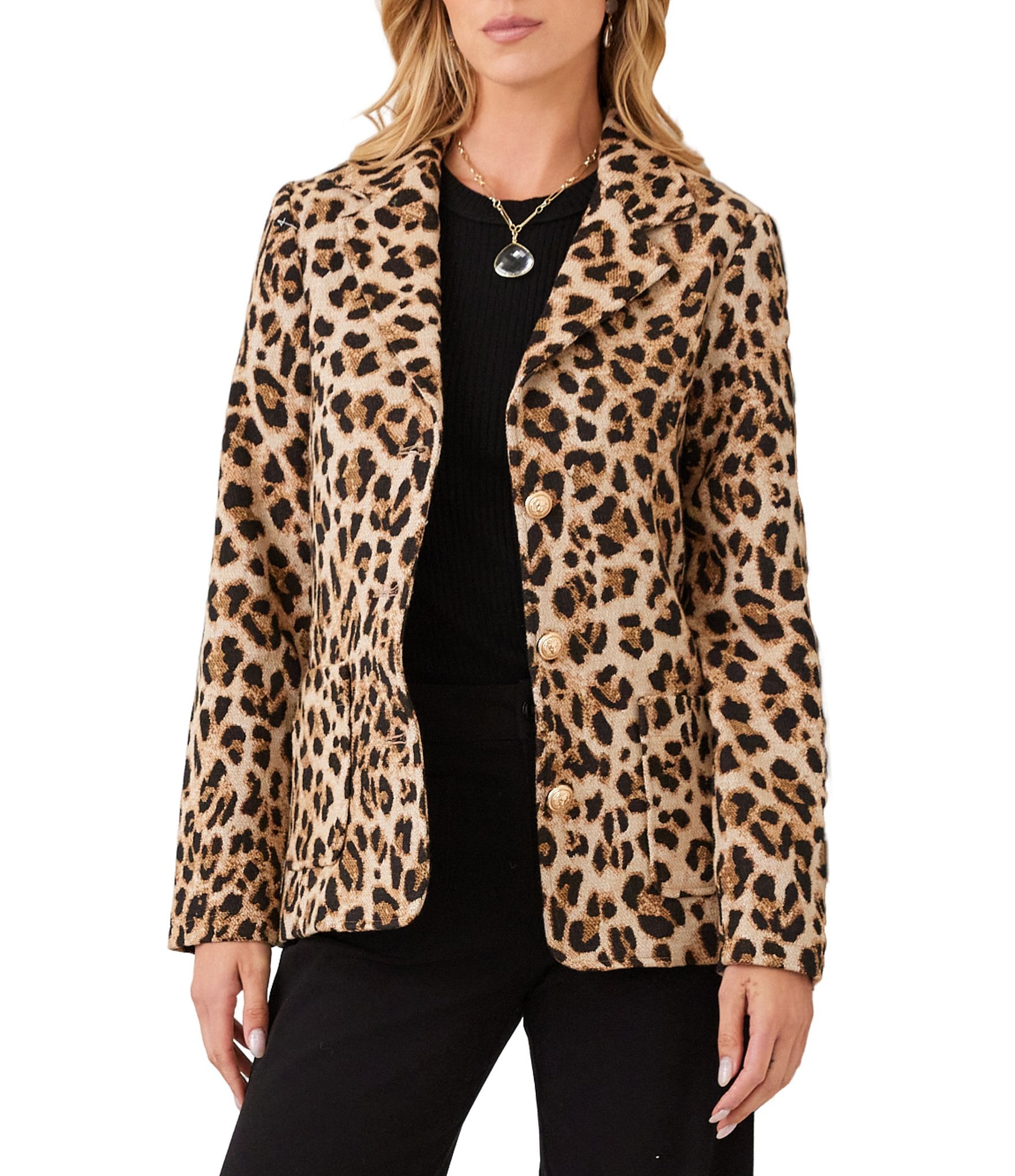 Karen Kane Petite Size Textured Jacquard Leopard Notch Collar Long Sleeve Button Front Blazer