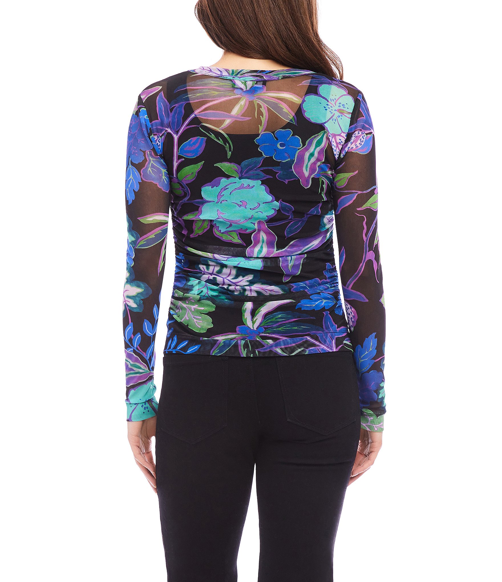 Karen Kane Petite Size Tropical Print Crew Neck Long Sleeve Side-Shirred Mesh Top