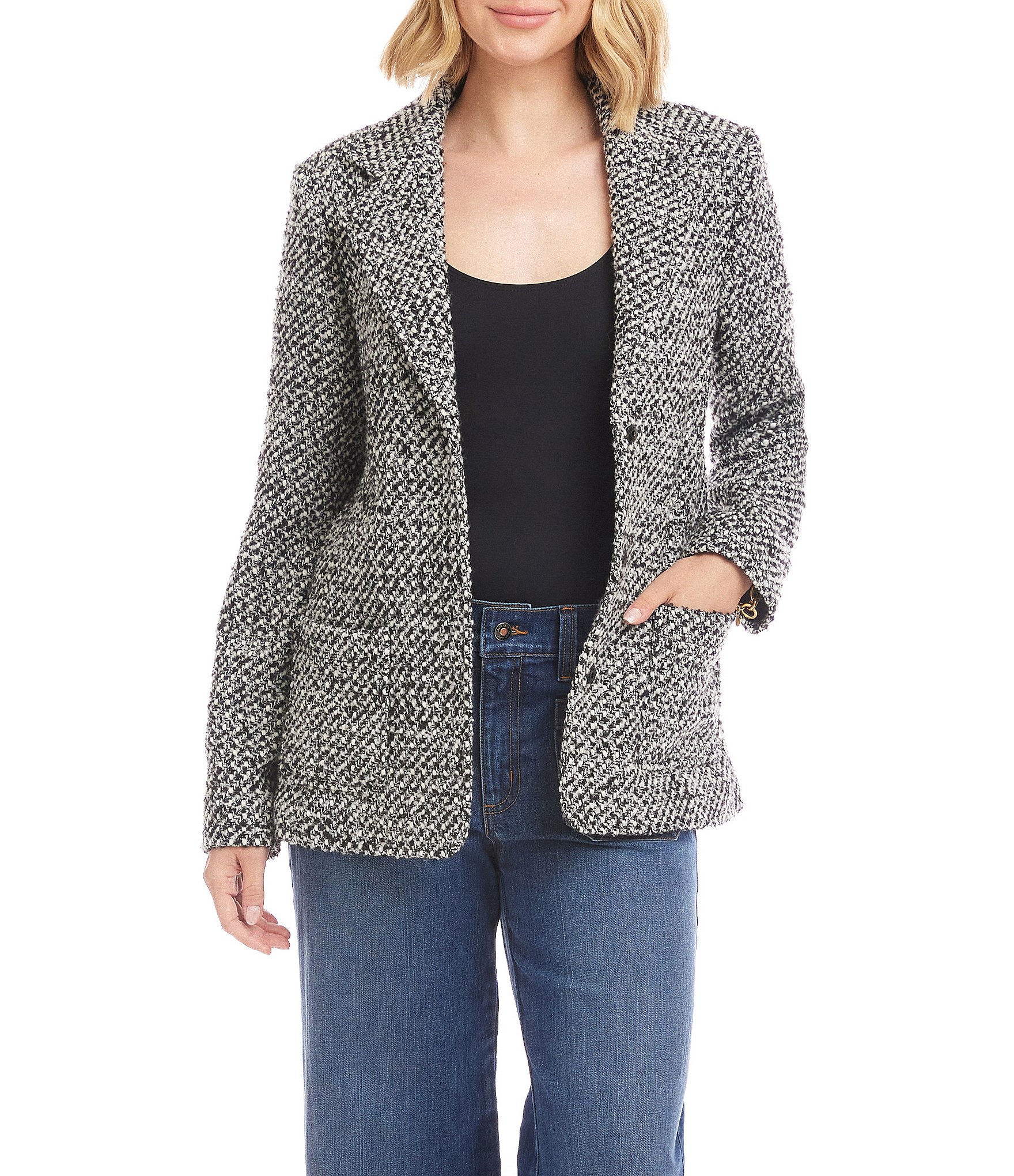 Karen Kane Petite Size Tweed Wool Blend Notch Lapel Button Front Blazer