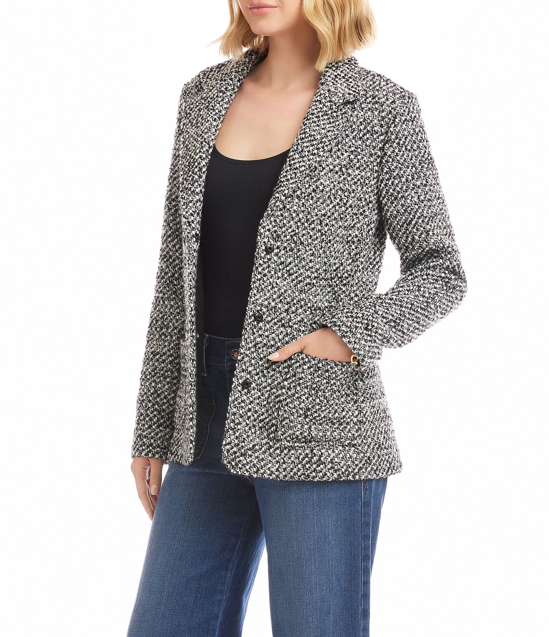 Karen Kane Petite Size Tweed Wool Blend Notch Lapel Button Front Blazer
