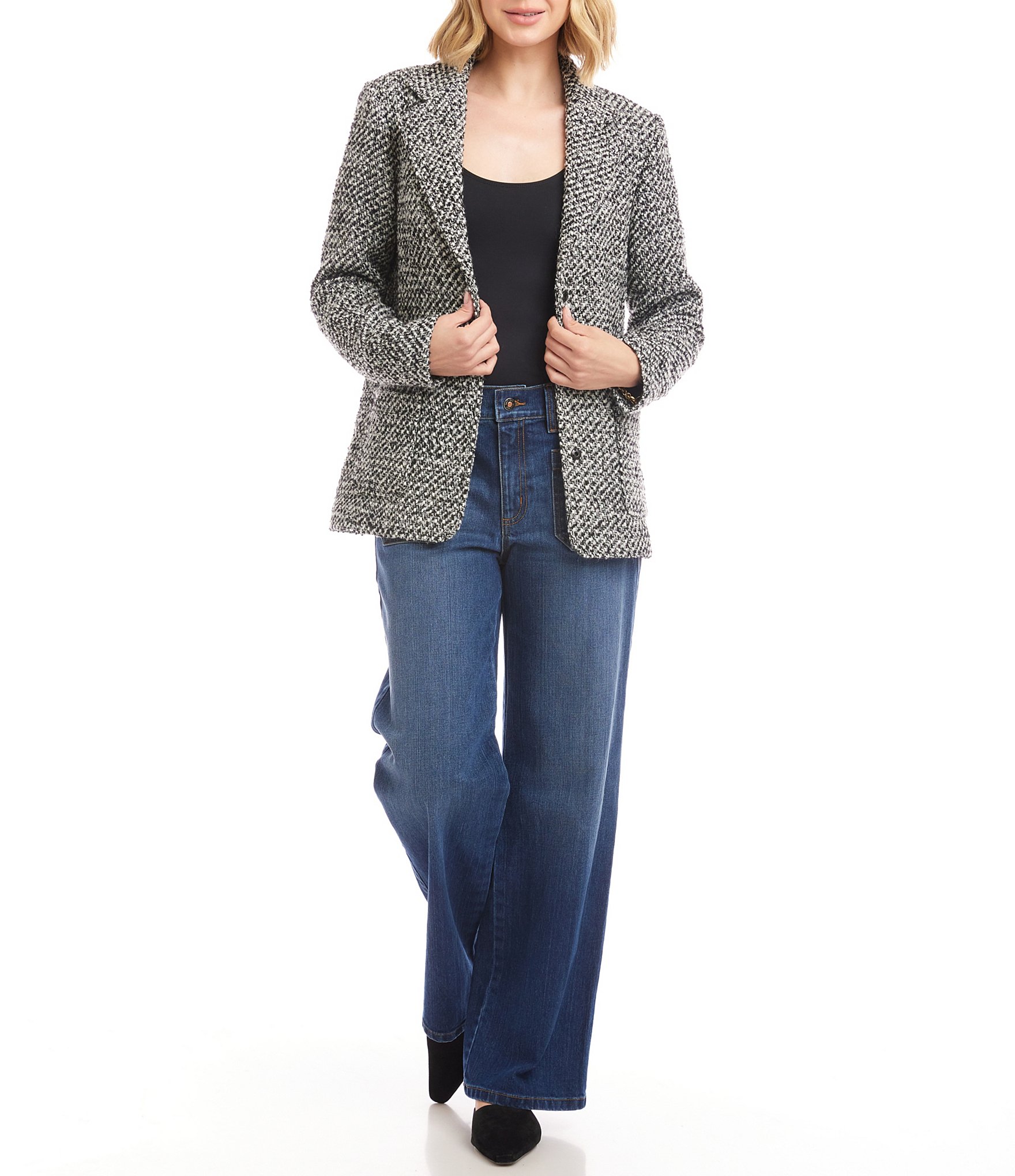 Karen Kane Petite Size Tweed Wool Blend Notch Lapel Button Front Blazer
