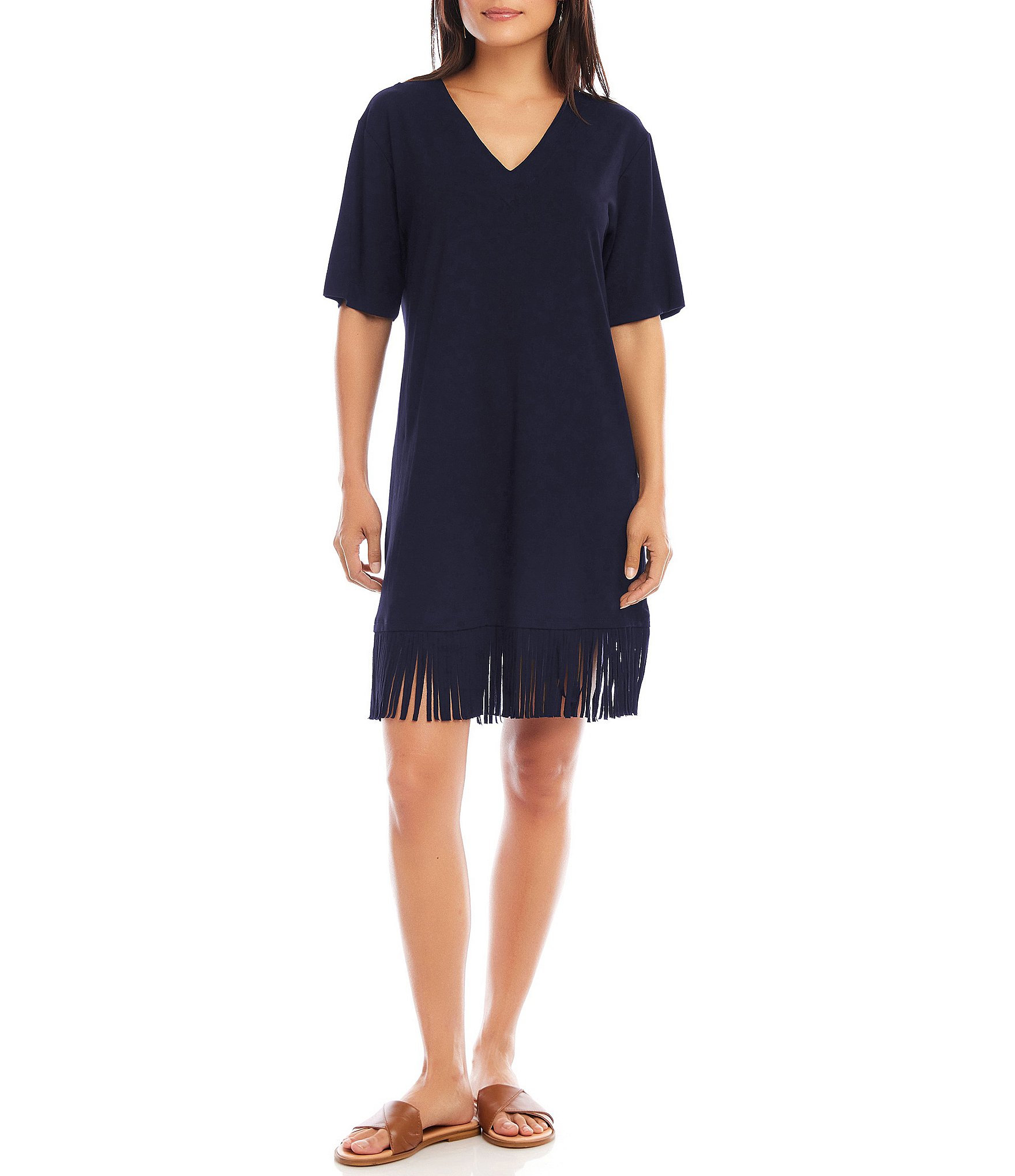 Karen Kane Petite Size V-Neck Short Sleeve Fringe Hem Jersey Knit Dress