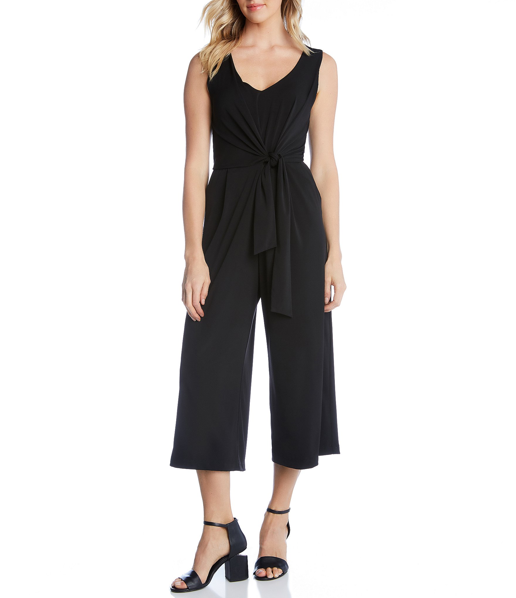 Karen Kane Petite Size V-Neck Sleeveless Tie-Front Jumpsuit | Dillard's