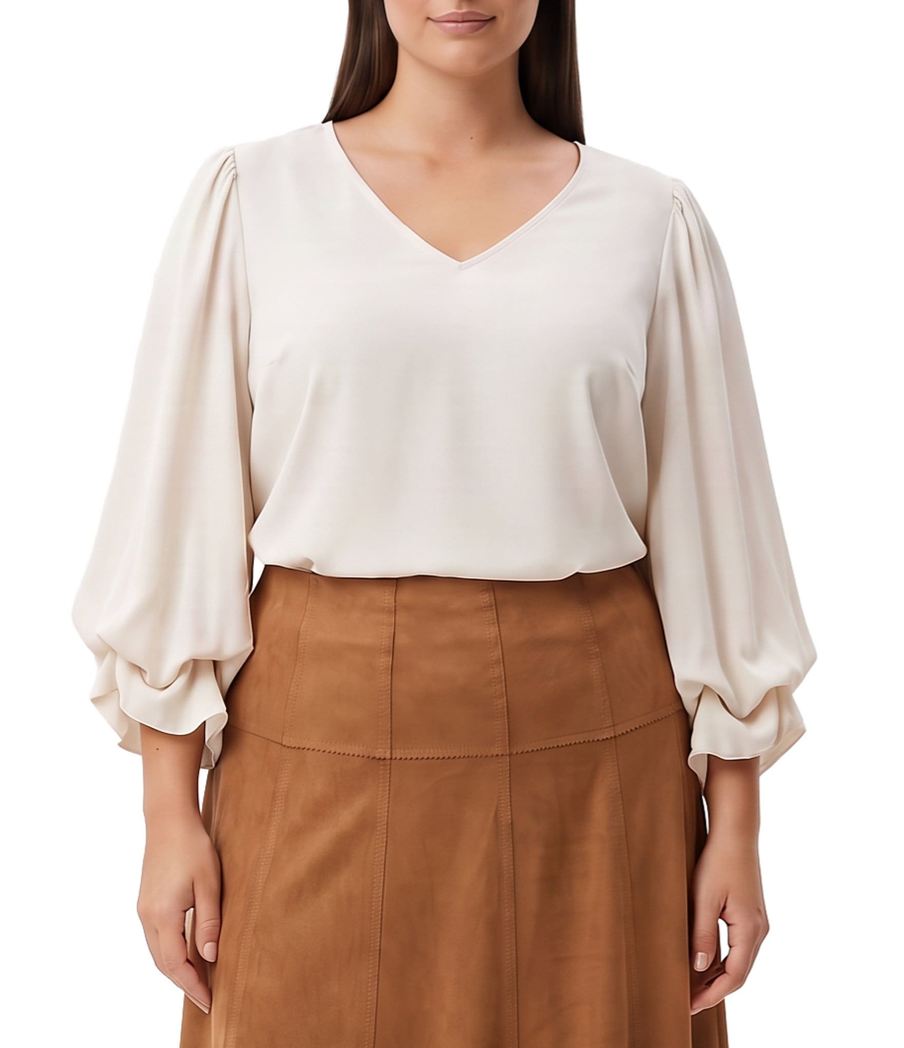 Karen Kane Plus Size Crepe V-Neck 3/4 Layered Sleeve Asymmetric Top