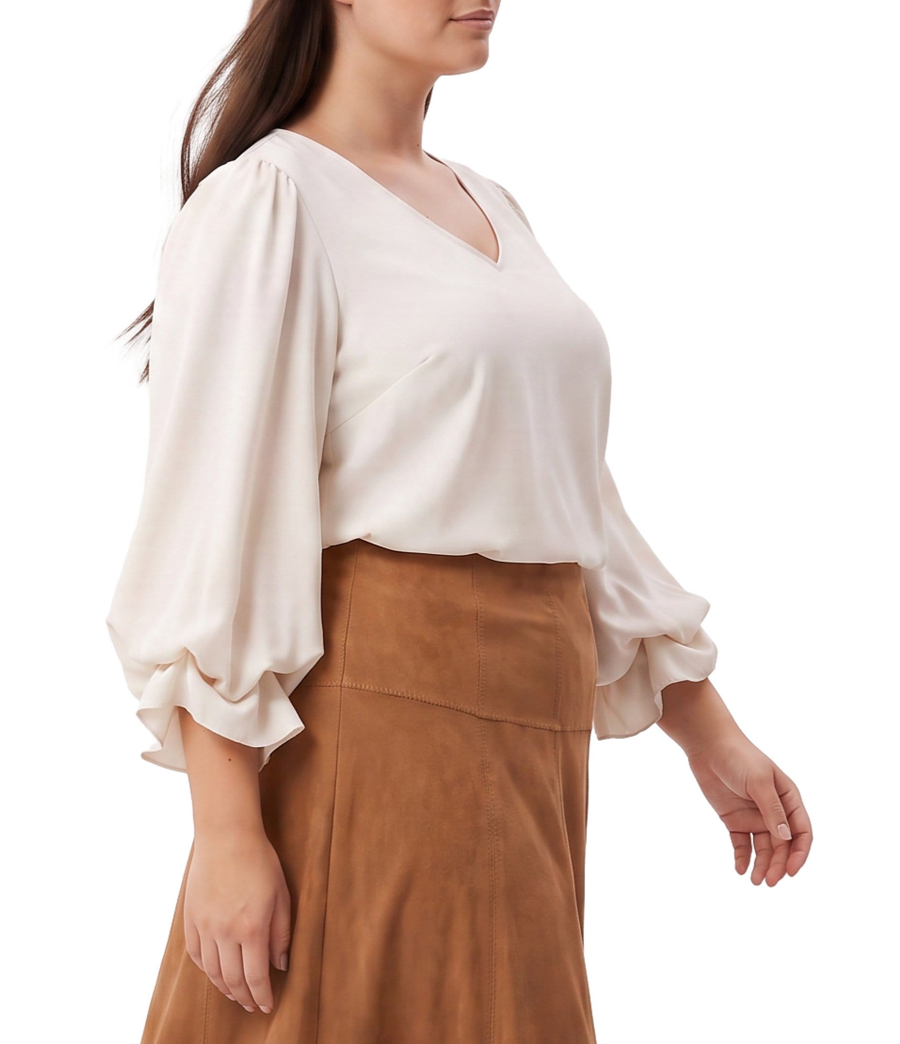 Karen Kane Plus Size Crepe V-Neck 3/4 Layered Sleeve Asymmetric Top