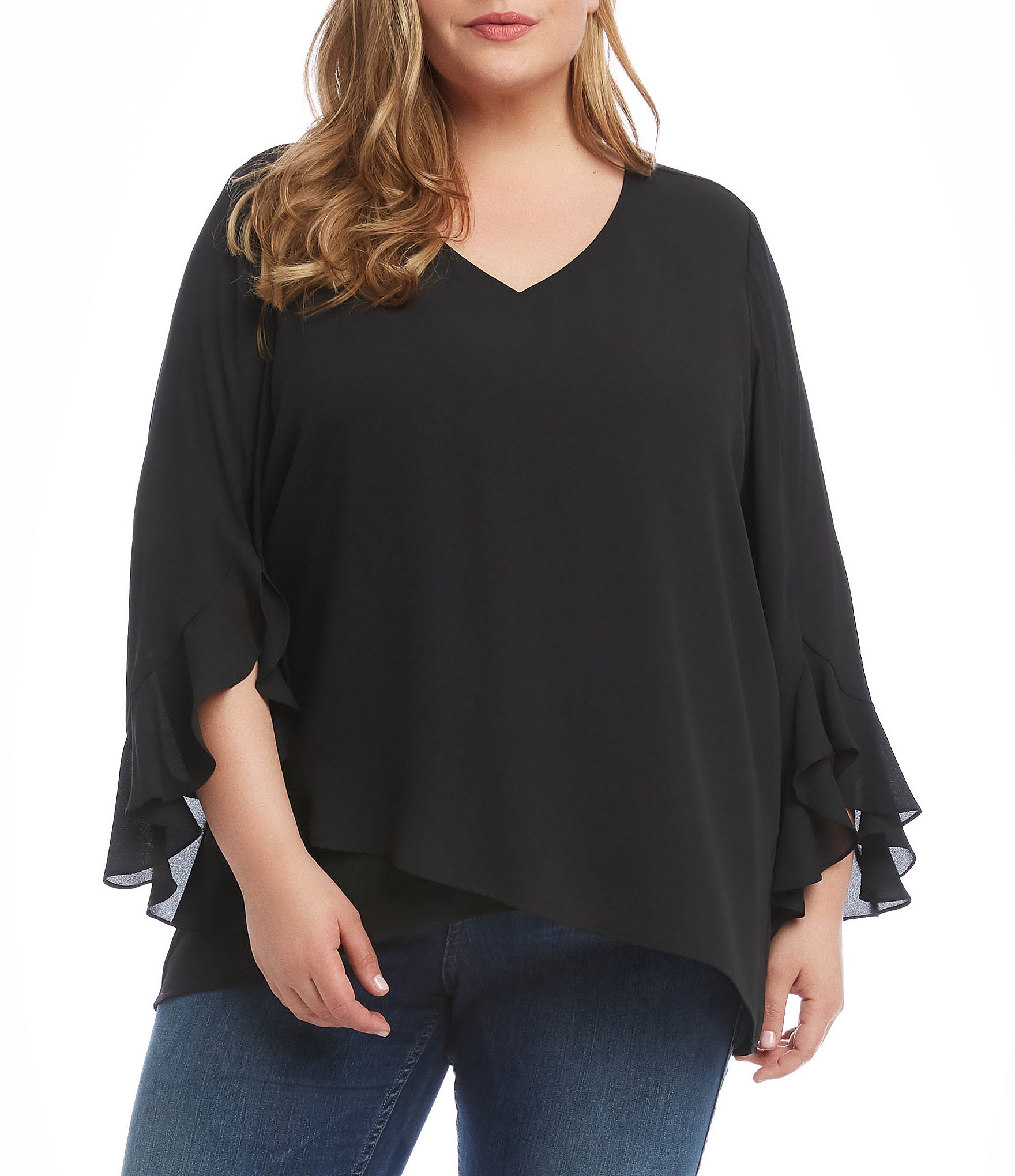 Karen Kane Plus Size Crepe 3/4 Ruffle Sleeve Crossover Top | Dillard's
