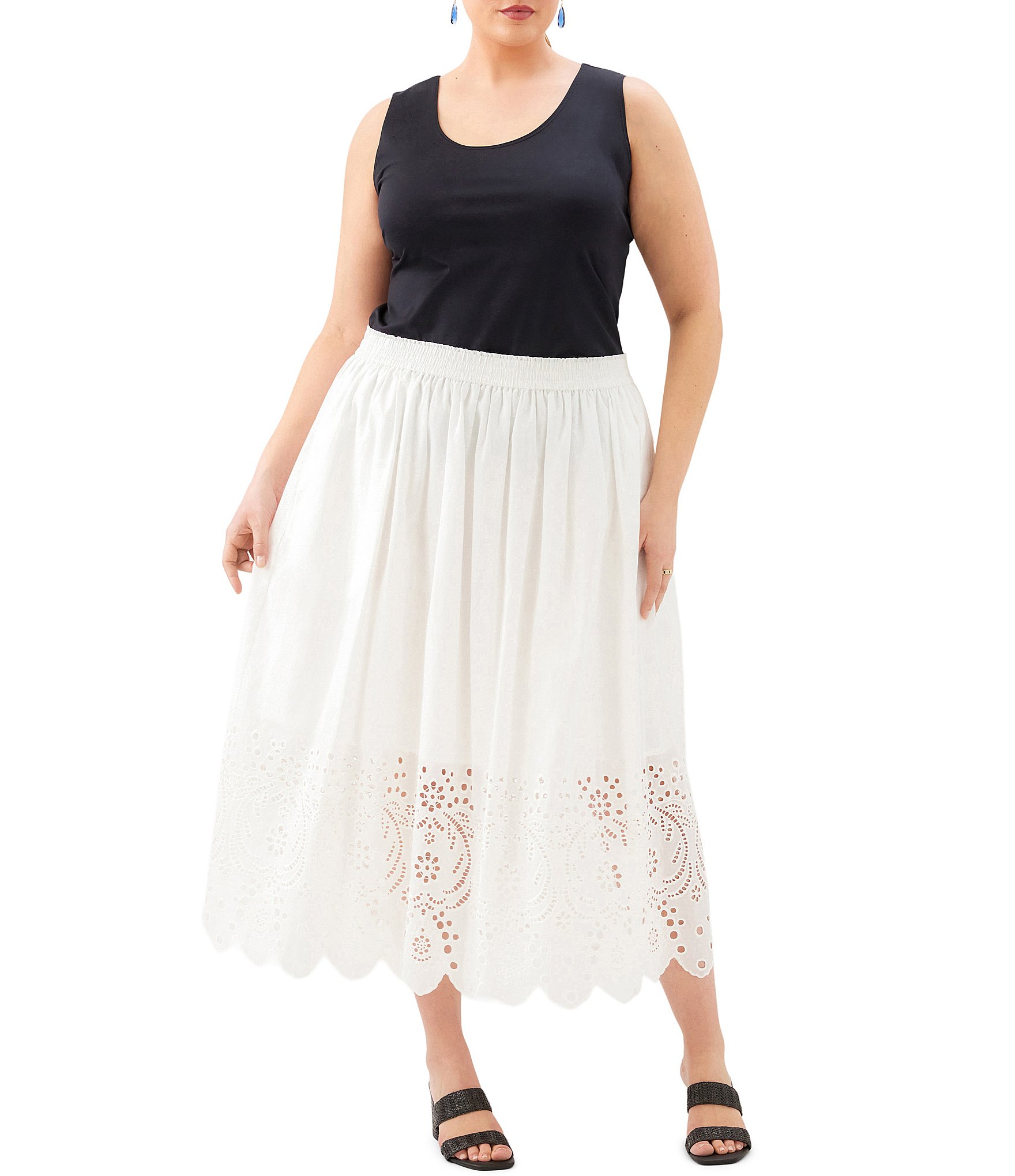 Karen Kane Plus Size Cut-Out Embroidery Pull-On Midi Skirt