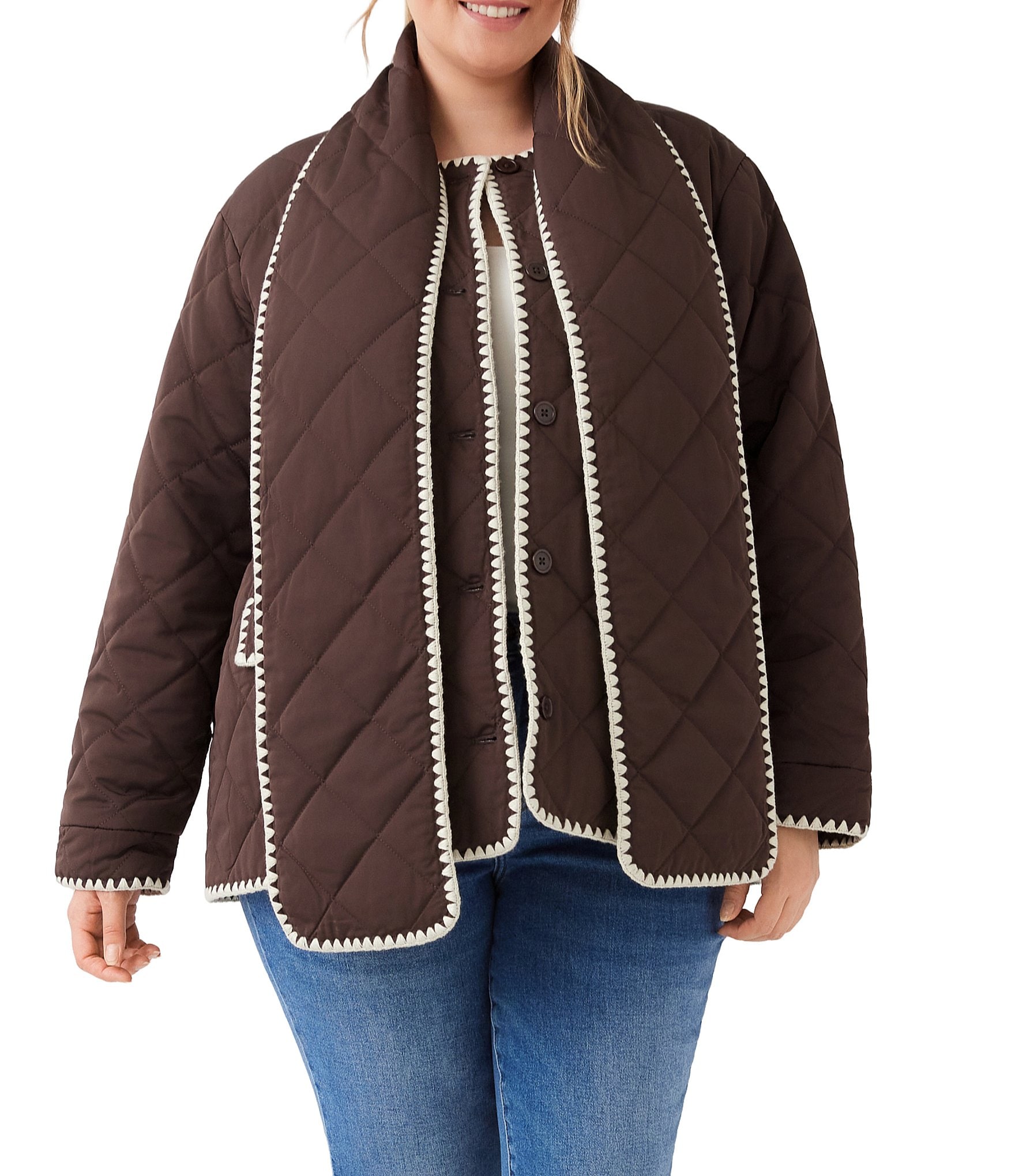 Karen Kane Plus Size Diamond Quilted Scarf Contrast Stitched Long Sleeve Button Front Jacket