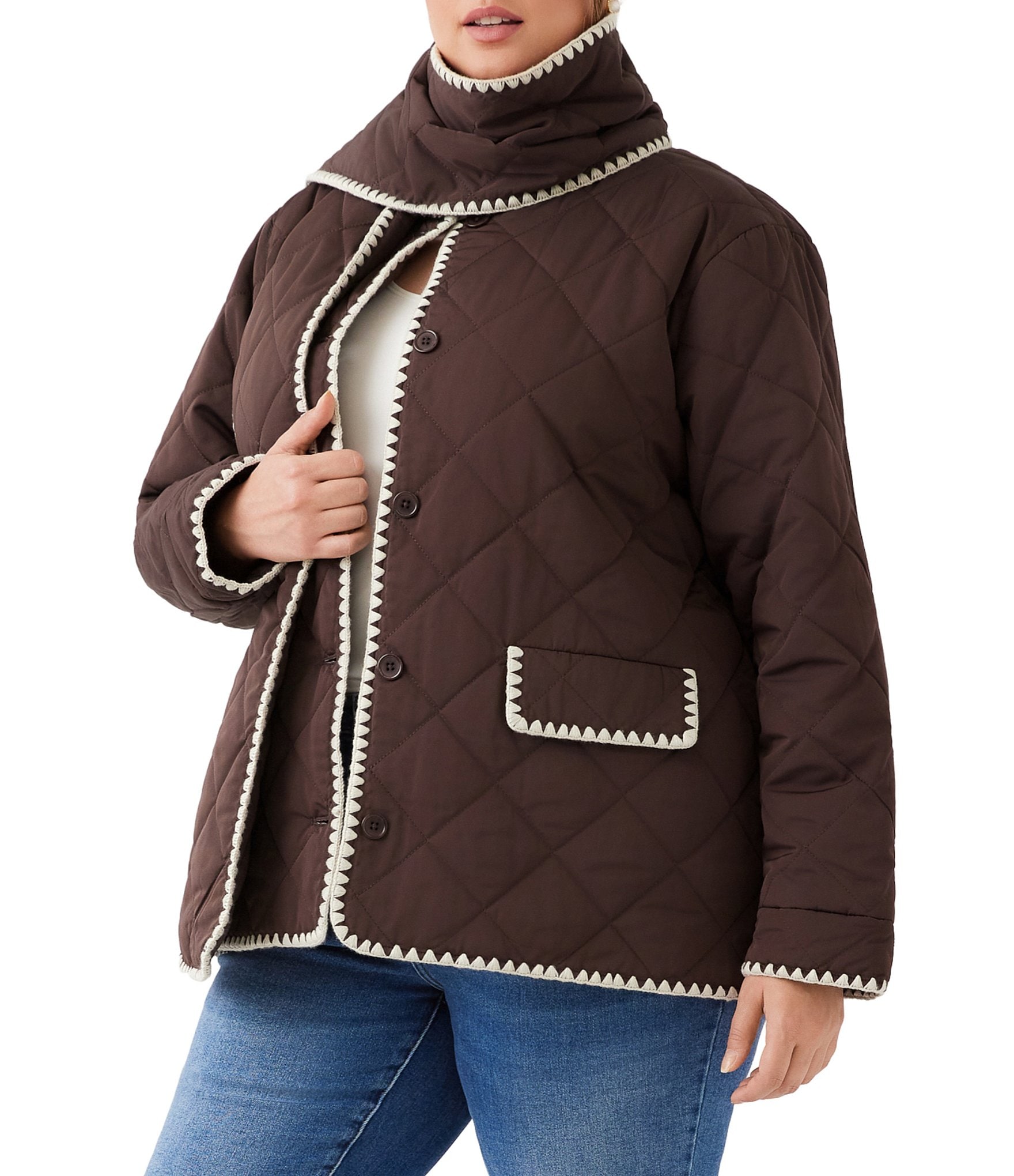 Karen Kane Plus Size Diamond Quilted Scarf Contrast Stitched Long Sleeve Button Front Jacket