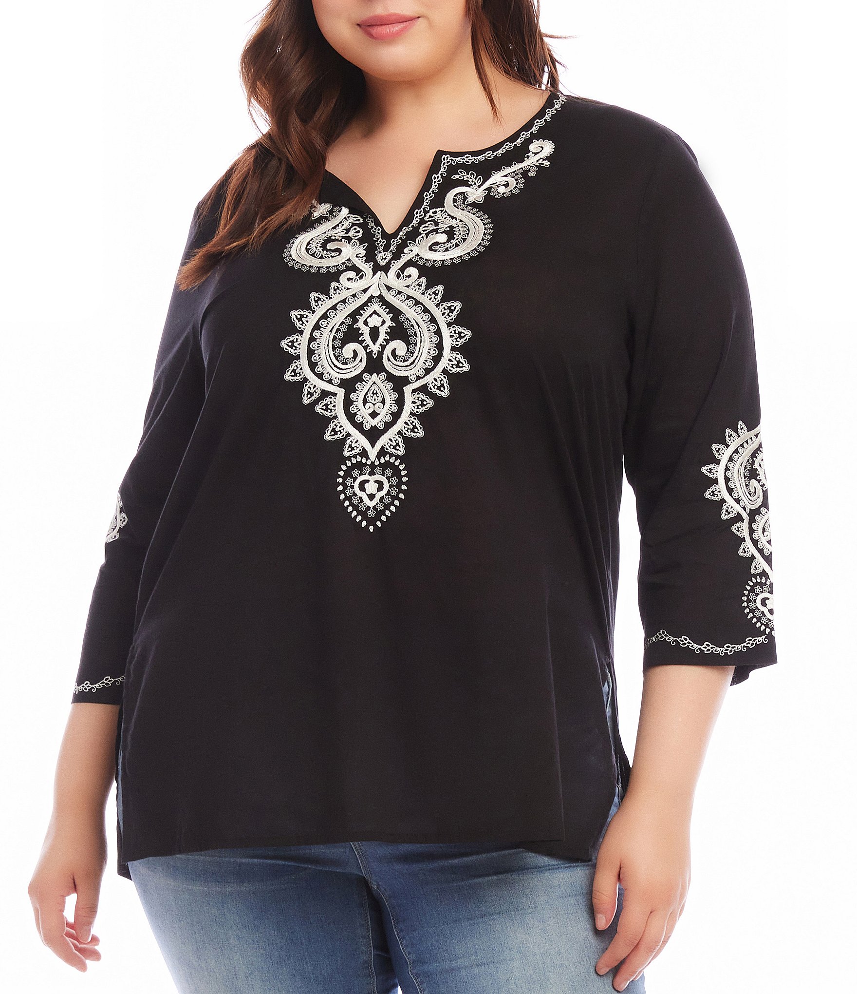 Karen Kane Plus Size Embroidered V-Neck 3/4 Sleeve Tunic | Dillard's