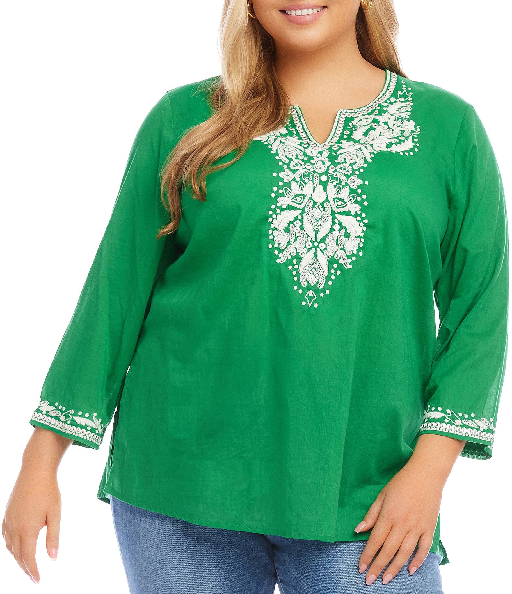 Karen Kane Plus Size Floral Embroidered Split Scoop Neck 3 4 Sleeve