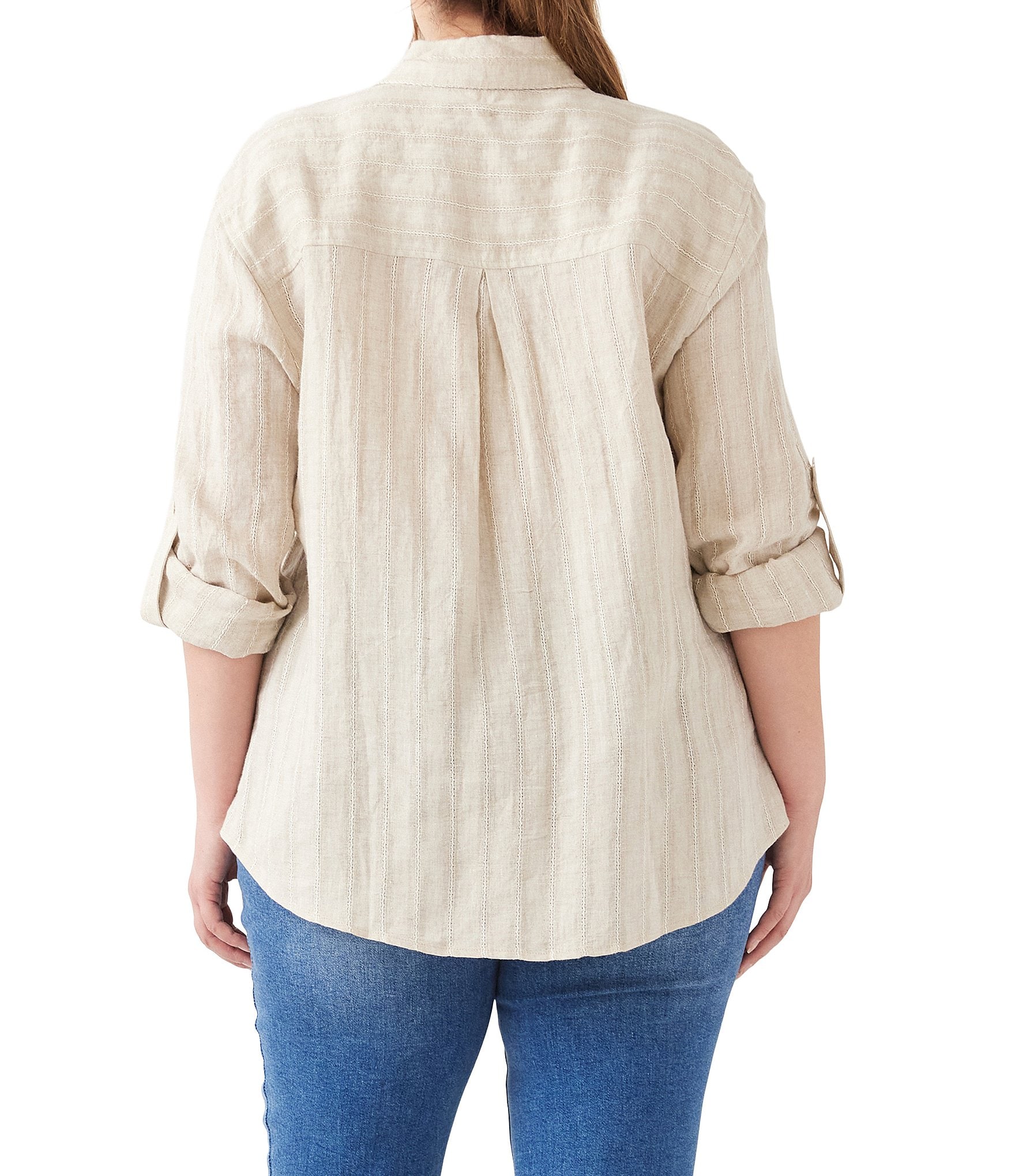 Karen Kane Plus Size Leno Weave Stripe Point Collar Long Roll-Tab Sleeve Button Front Shirt