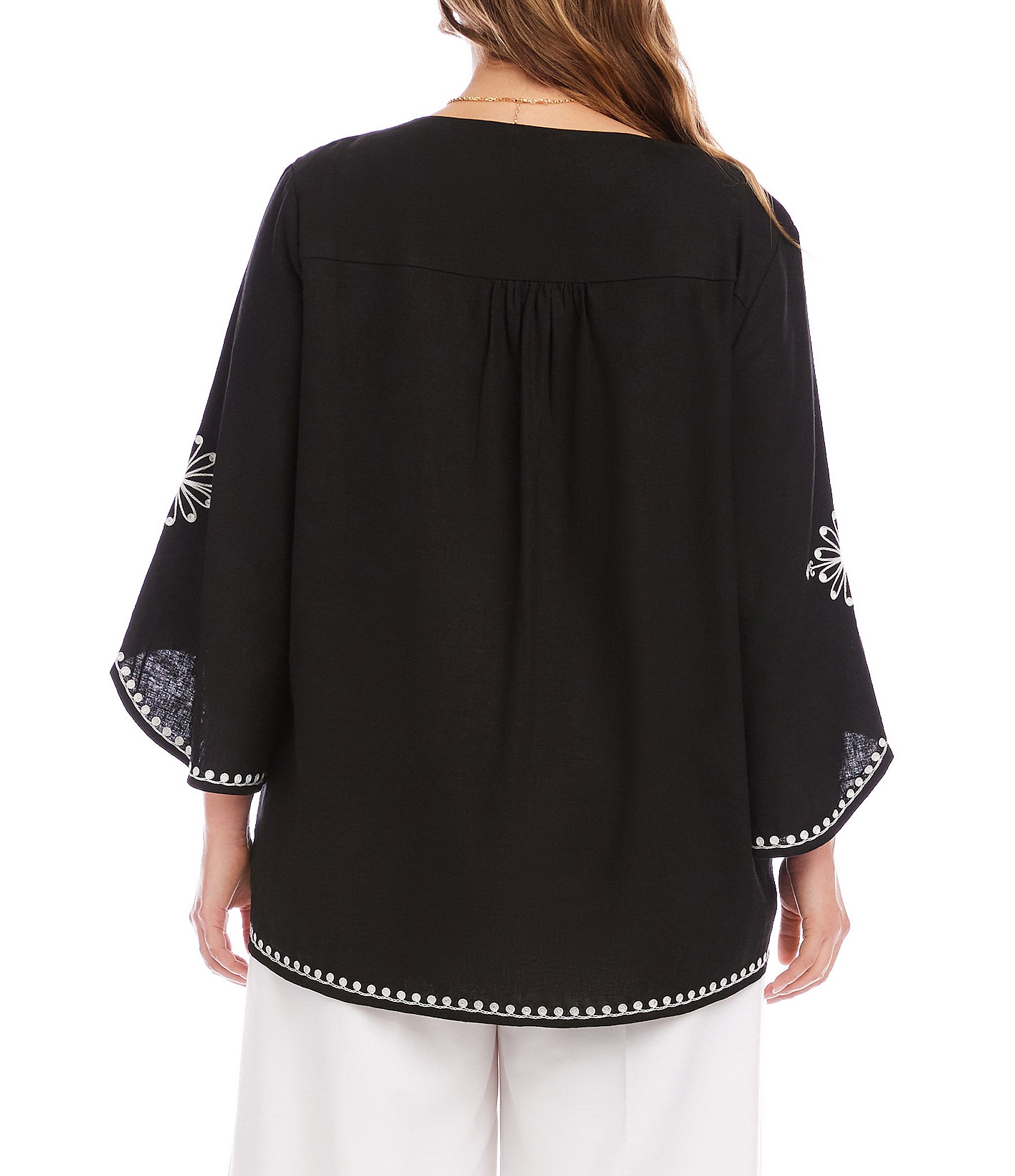 Karen Kane Plus Size Linen-Blend Embroidered Asymmetrical Top