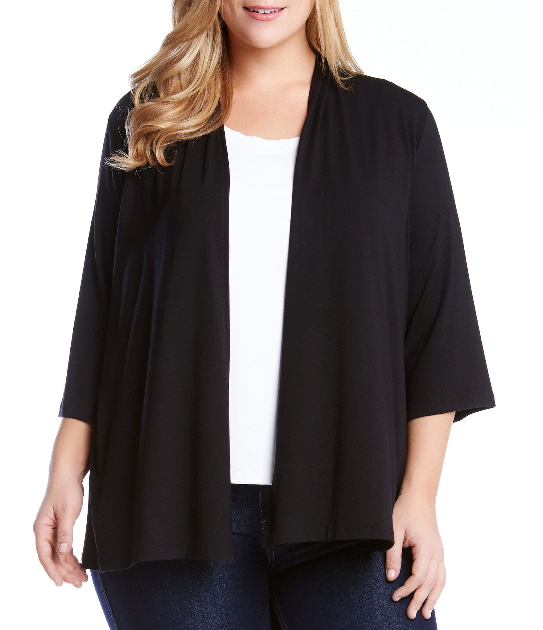 Karen Kane Plus Size Molly Jersey Knit 3/4 Sleeve Open Front Cardigan |  Dillard's