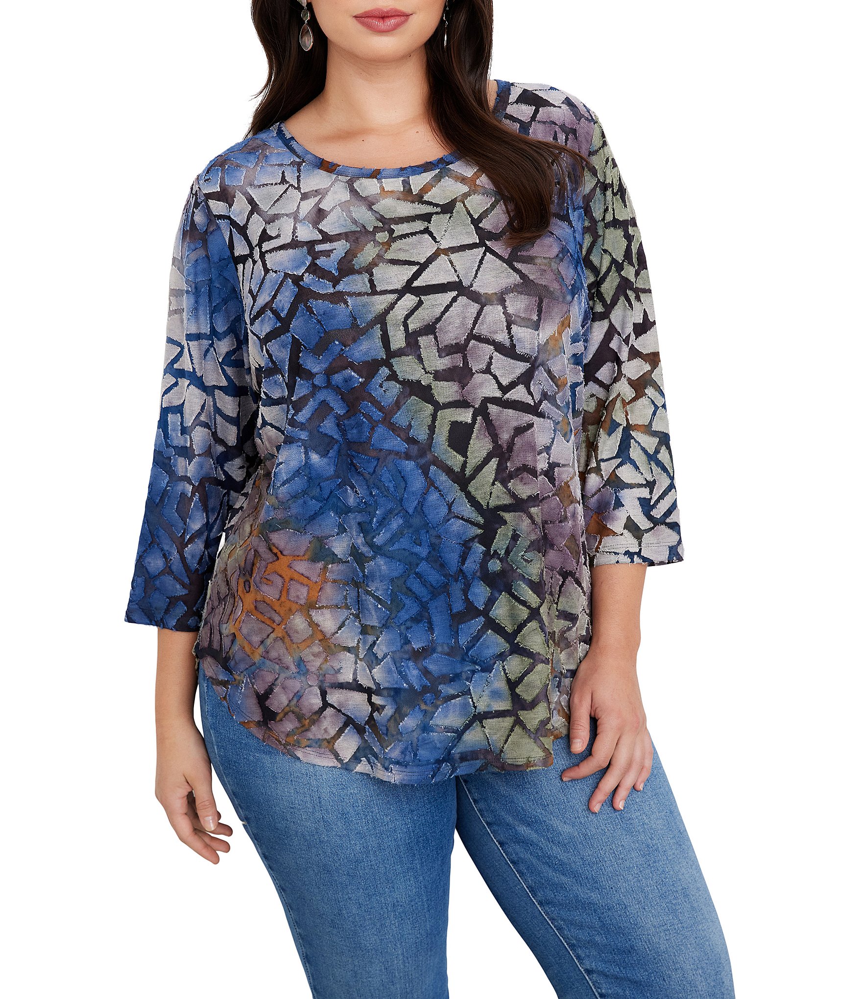 Karen Kane Plus Size Mosaic Tie Dye Burnout 3/4 Sleeve Top | Dillard's