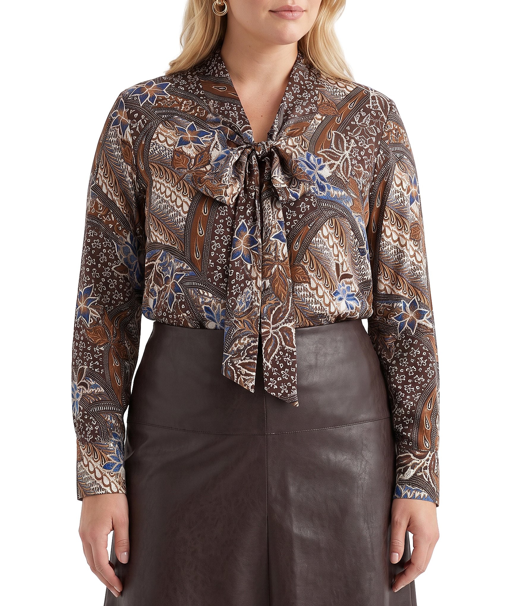 Karen Kane Plus Size Patchwork Twill Bow Neck Long Sleeve Top