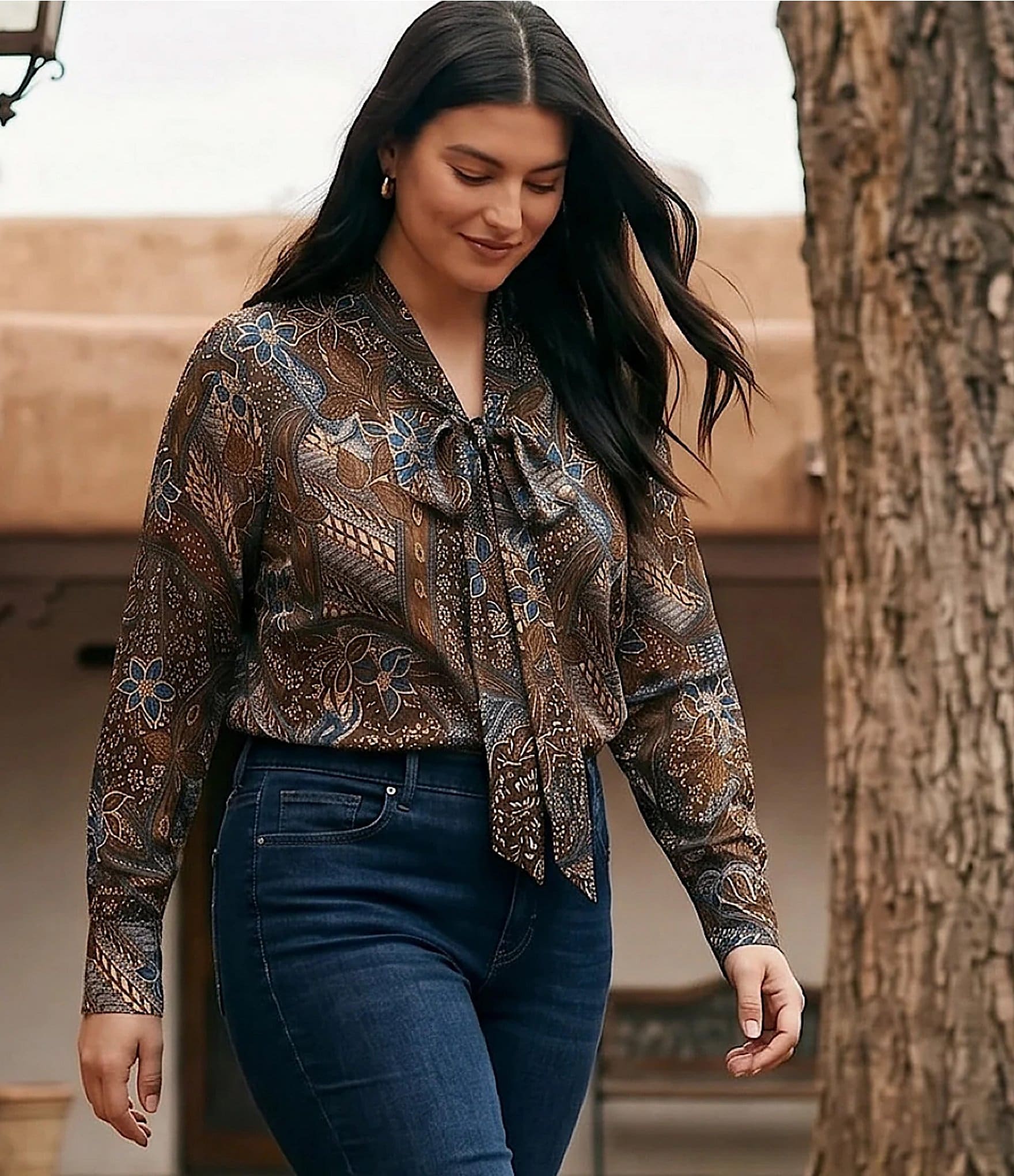Karen Kane Plus Size Patchwork Twill Bow Neck Long Sleeve Top