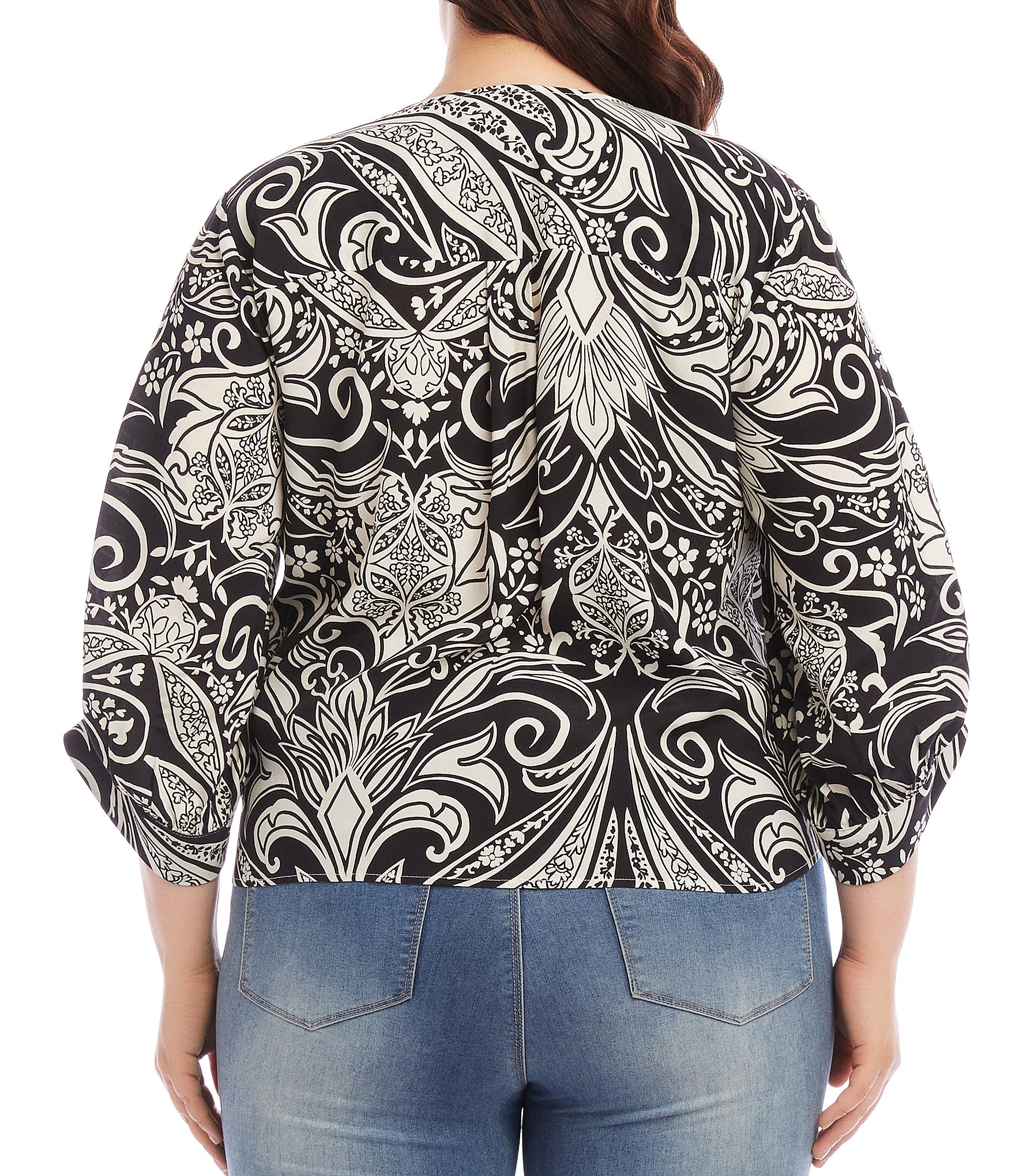 Karen Kane Plus Size Printed V-Neck Blouson Sleeve Tie-Front Top