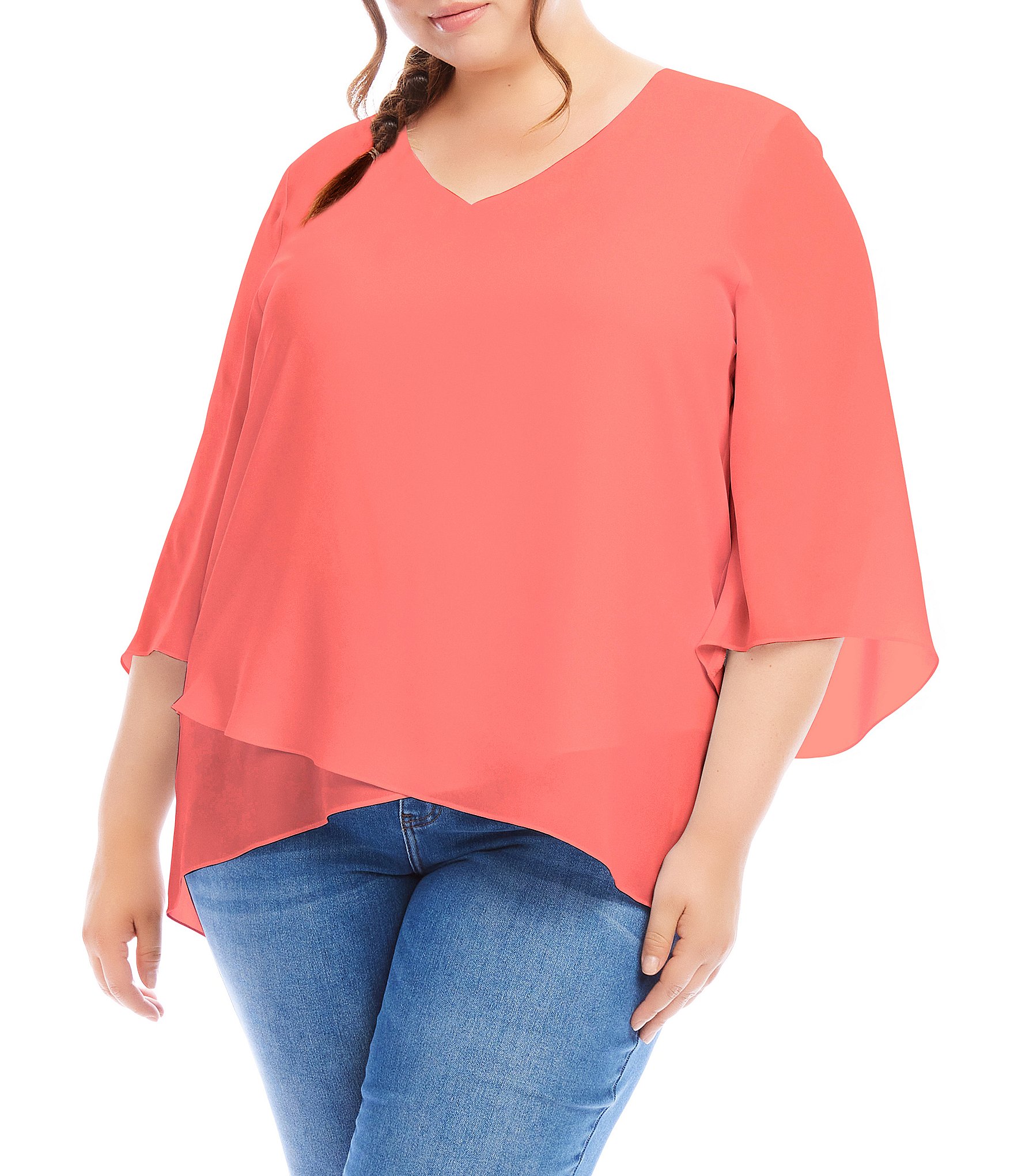 Karen Kane Plus Size Silky Crepe V-Neck 3/4 Flutter Sleeve