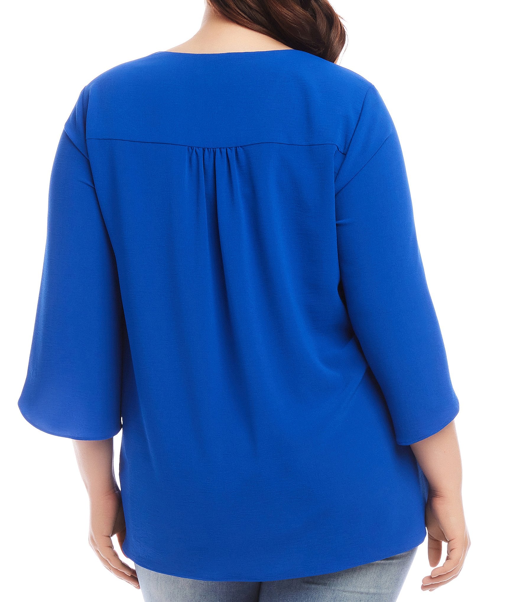 Karen Kane Plus Size Silky Crepe V-Neck 3/4 Sleeve Asymmetric Hem Floaty Layers Top