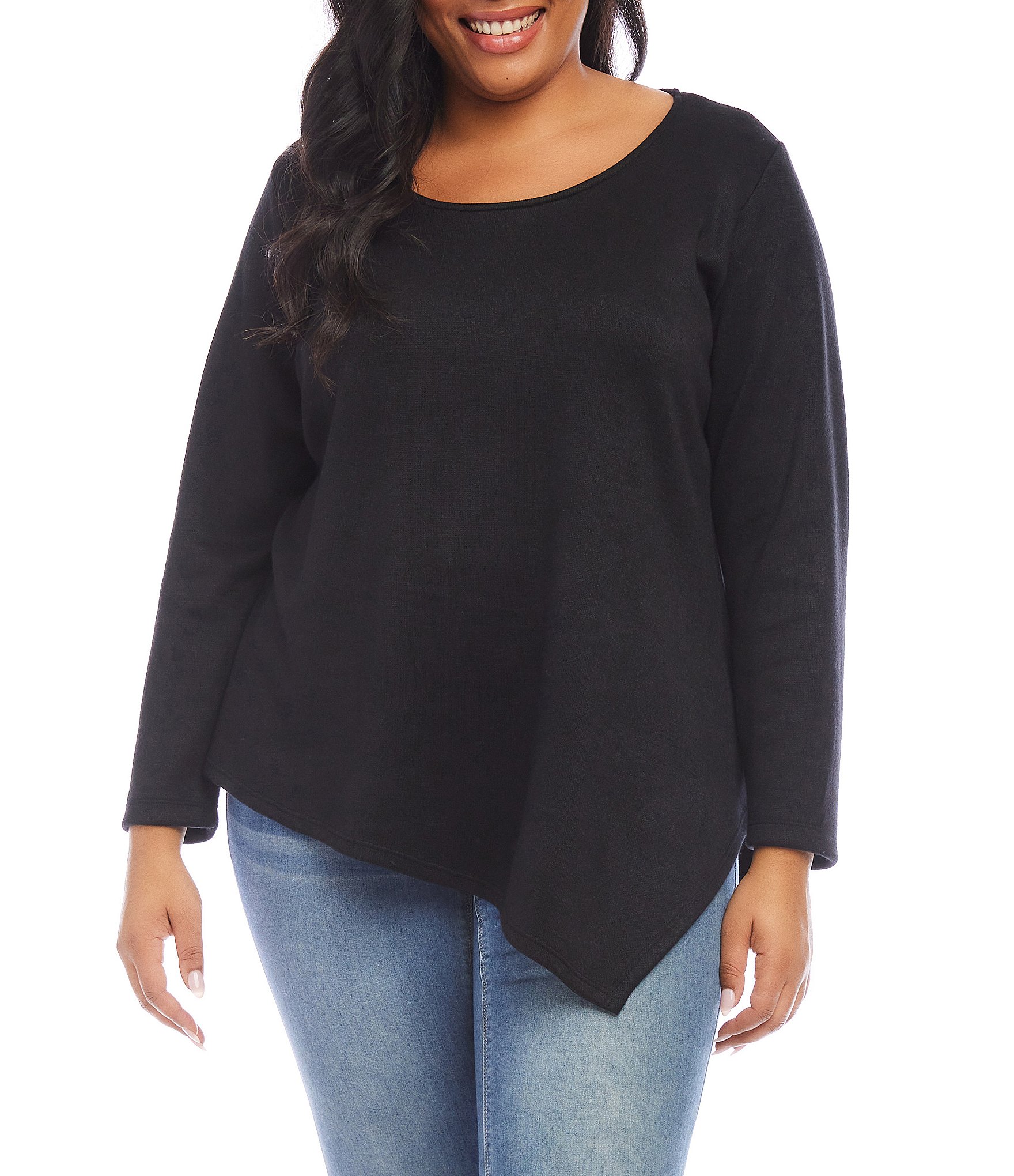 Karen Kane Plus Size Soft Knit Scoop Neck Long Sleeve Asymmetric Hem Popover Top