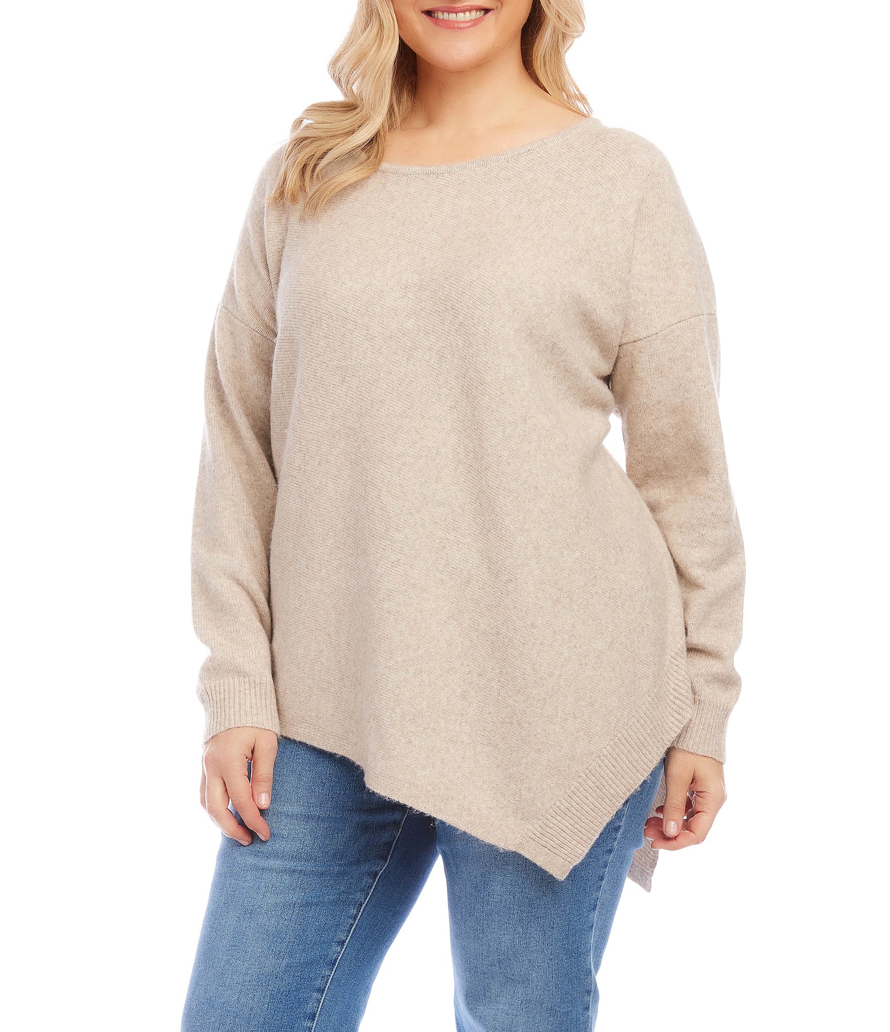 Karen Kane Size Soft Sweater Knit Long Sleeve Asymmetrical Hem Sweater |