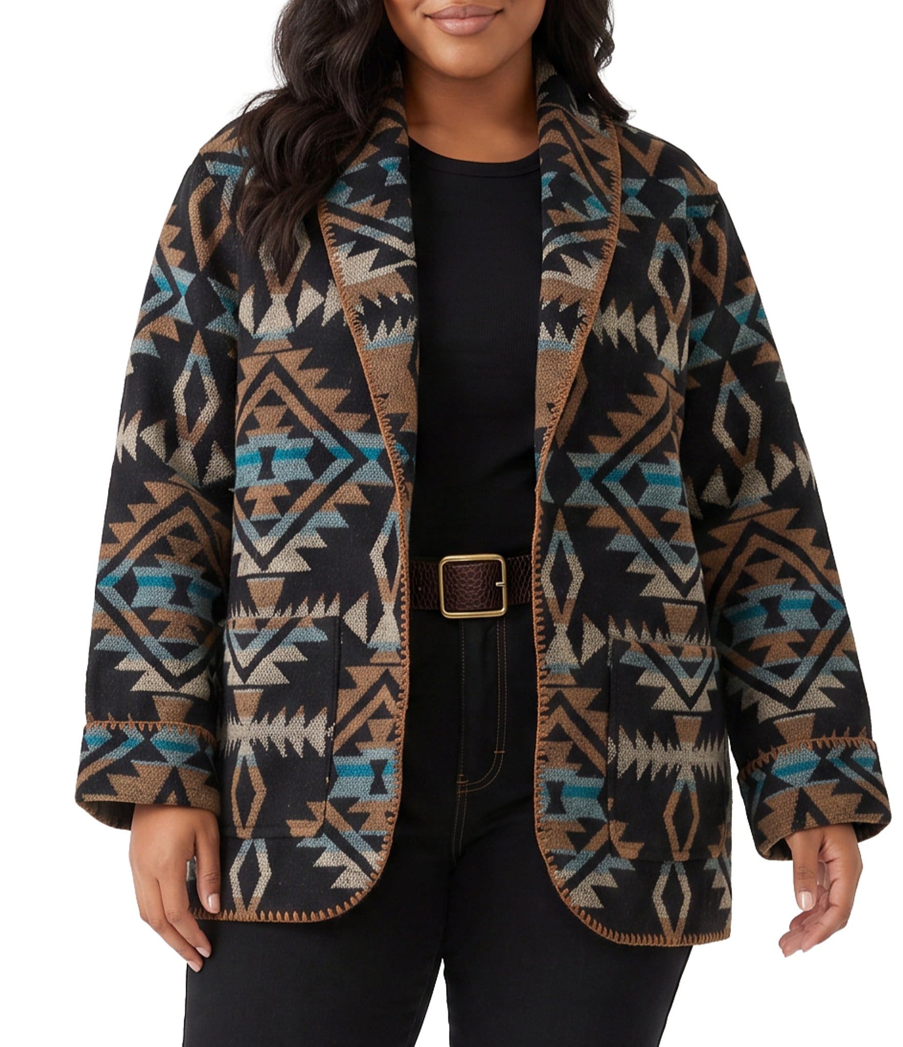 Karen Kane Plus Size Southwestern Shaw Collar Long Sleeve Open Front Jacket