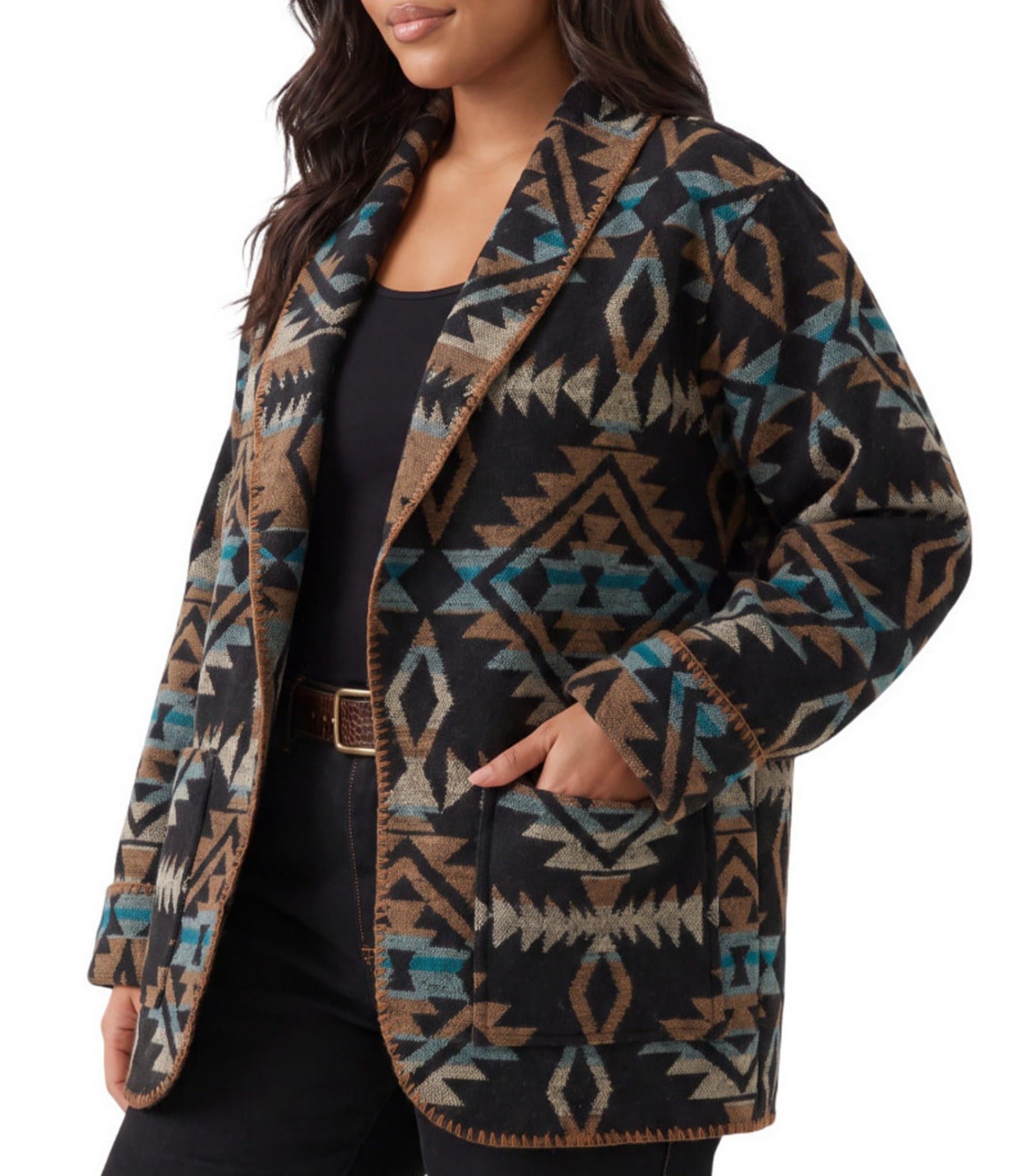 Karen Kane Plus Size Southwestern Shaw Collar Long Sleeve Open Front Jacket