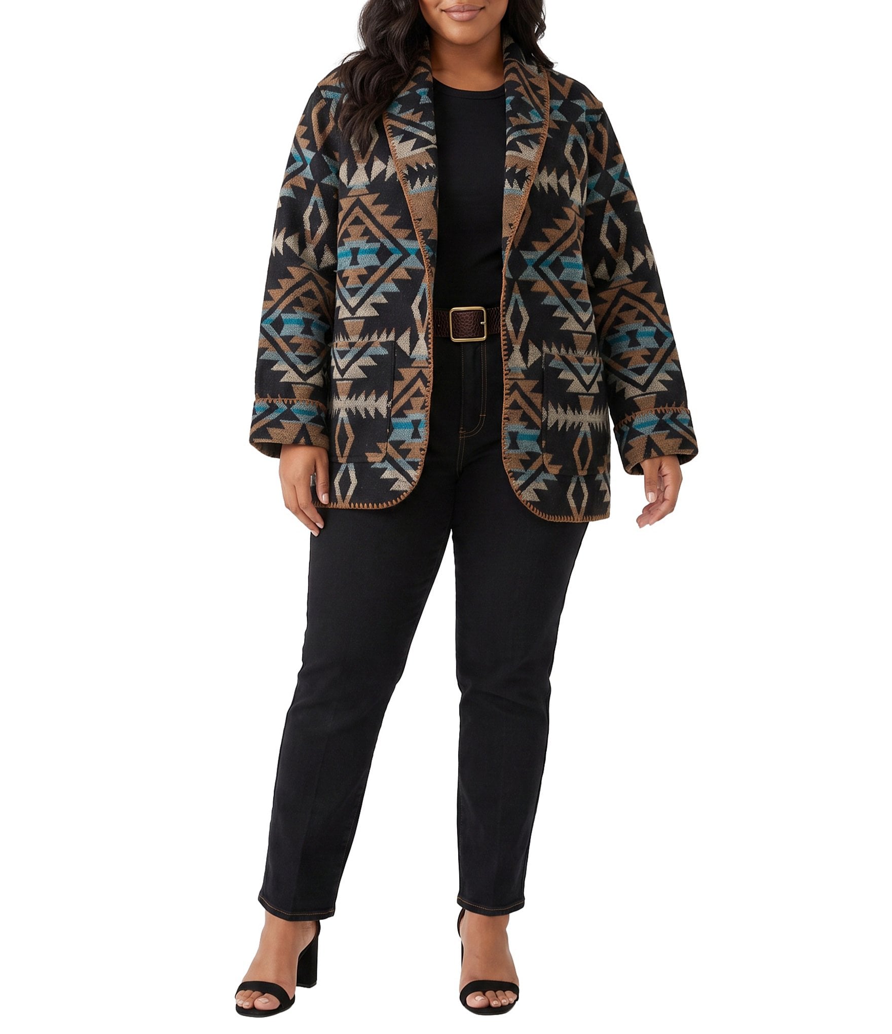 Karen Kane Plus Size Southwestern Shaw Collar Long Sleeve Open Front Jacket