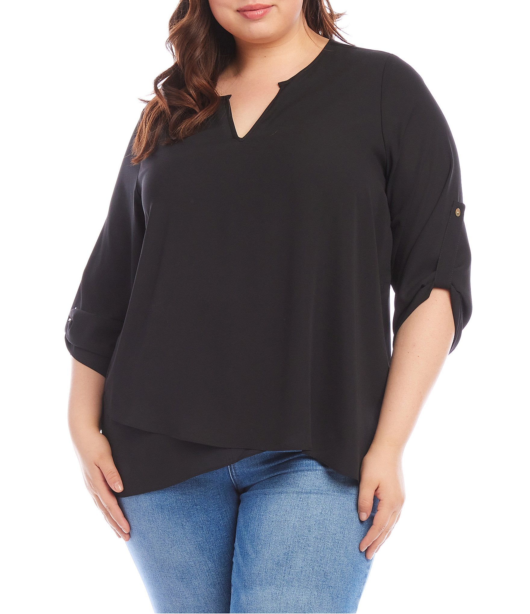 Karen Kane Plus Size Split Neck 34 Sleeve Asymmetrical Hem Wrap Top Dillards 0062