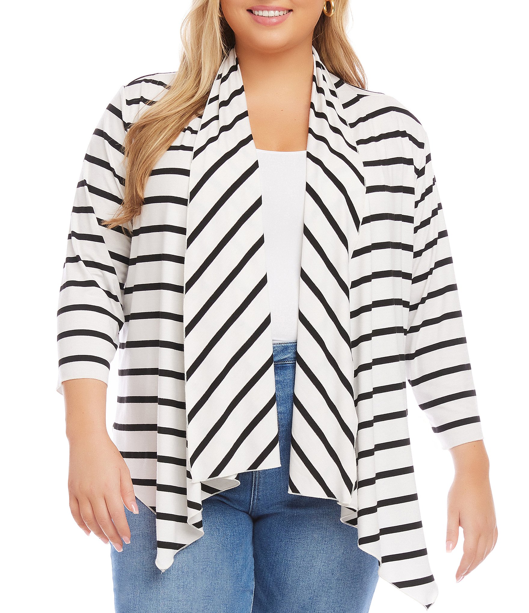 Karen Kane Plus Size Stripe Print Shawl Collar 3/4 Sleeve Asymmetrical ...