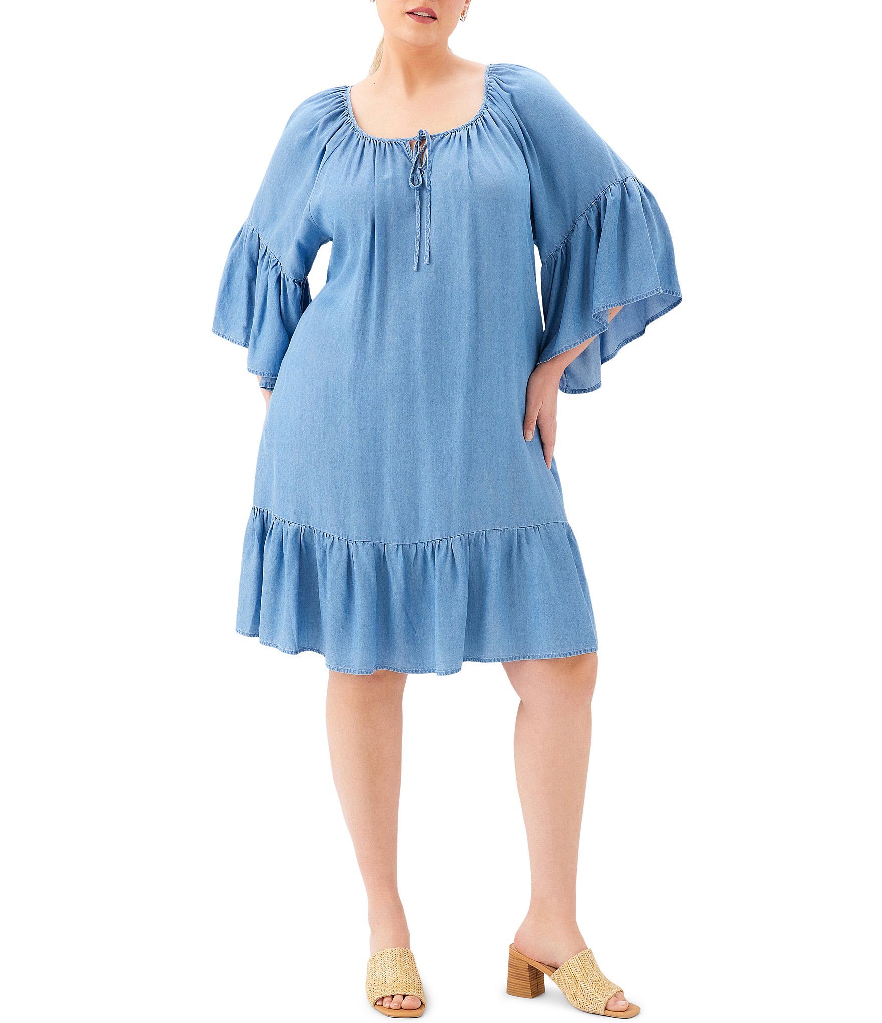 Karen Kane Plus Size Tencel Split V-Neck 3/4 Flutter Sleeve Tiered Ruffle Hem Shift Dress