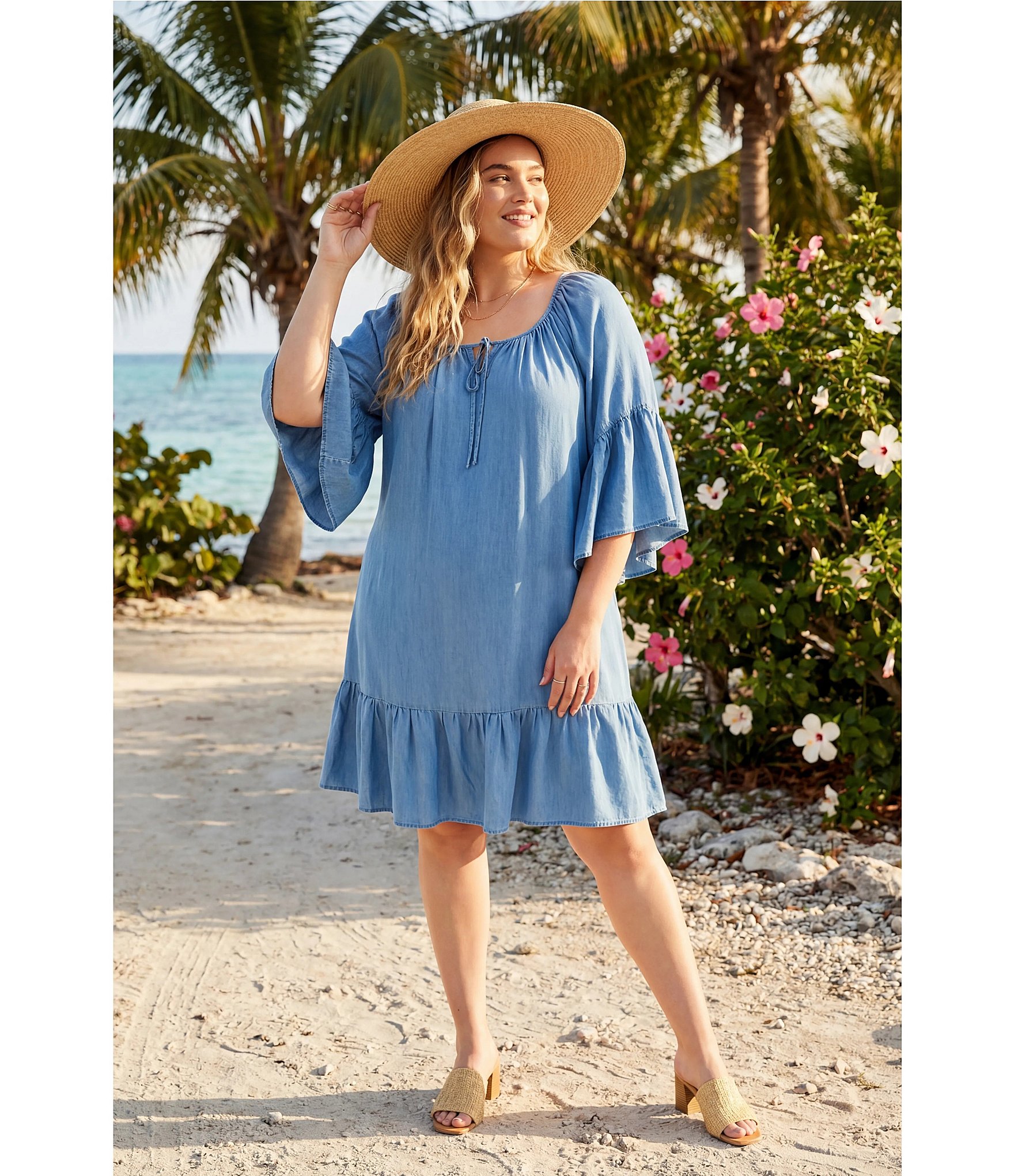 Karen Kane Plus Size Tencel Split V-Neck 3/4 Flutter Sleeve Tiered Ruffle Hem Shift Dress