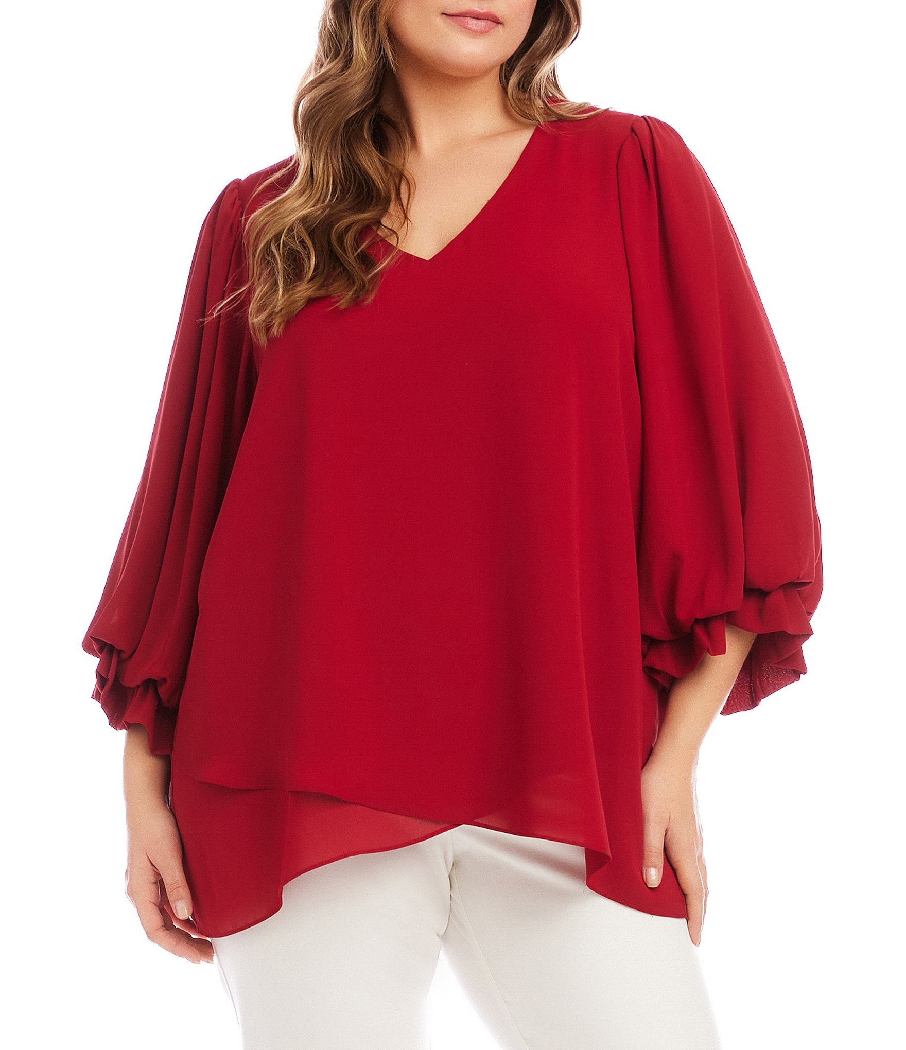 Karen Kane Plus Size V-Neck 3/4 Lantern Sleeves Asymmetric Layered Hem Top