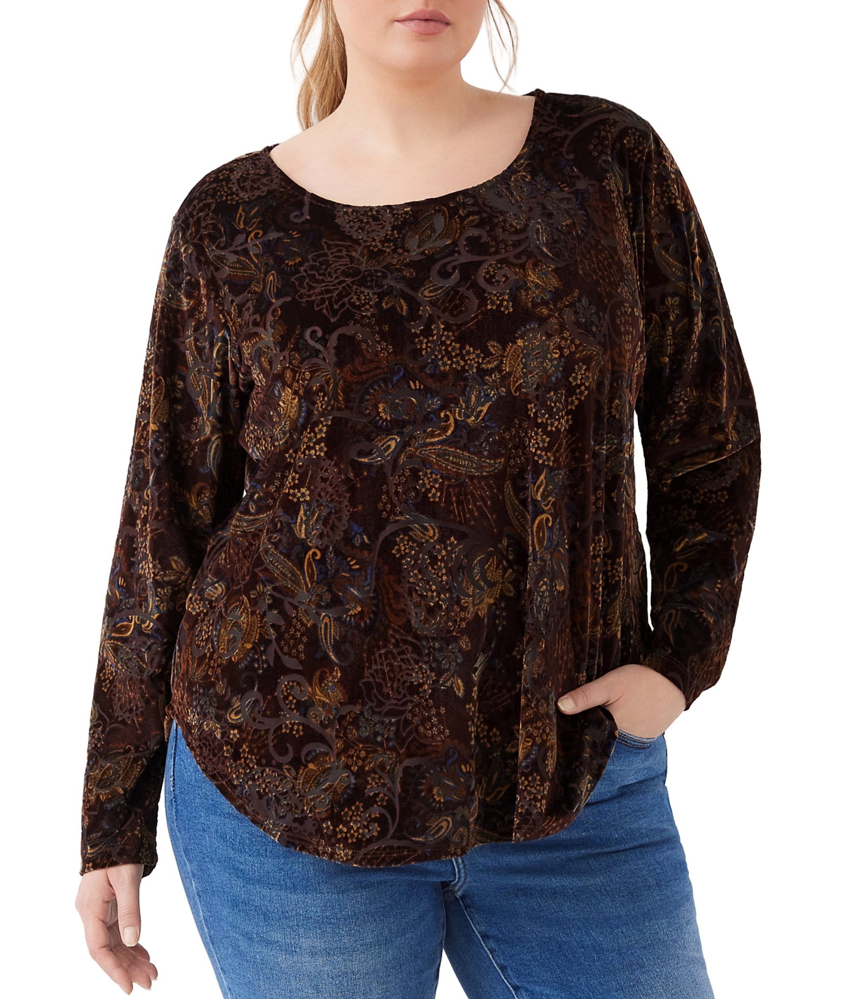 Karen Kane Plus Size Velvet Burnout Scoop Neck Long Sleeve Top