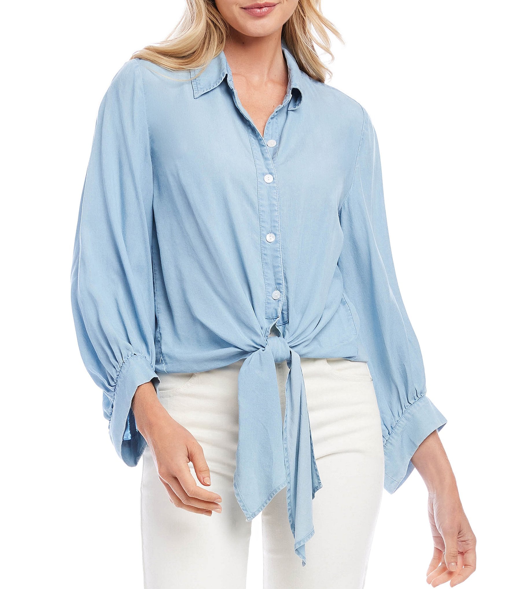 Karen Kane Point Collar Button Down Tie Front Top | Dillard's