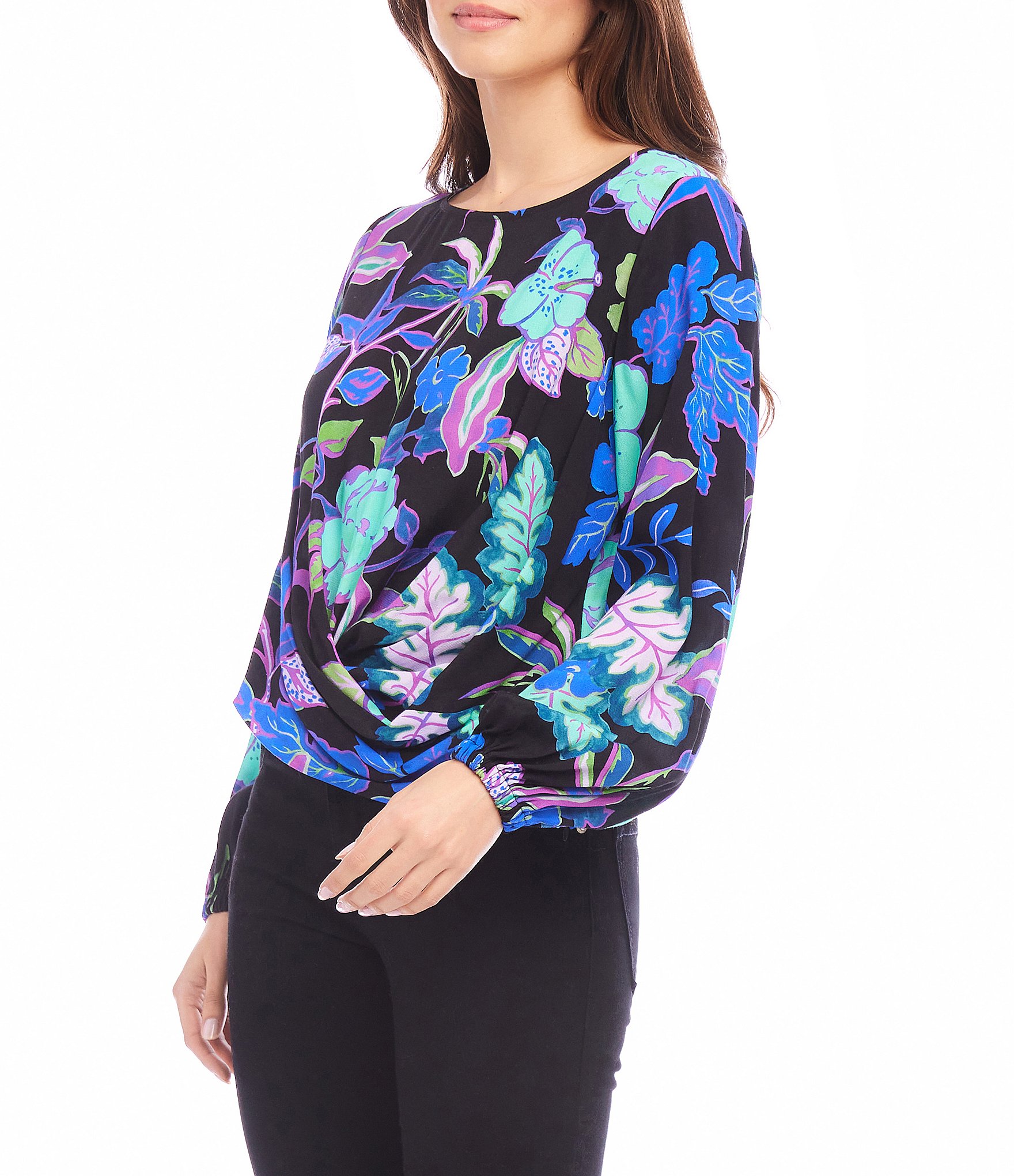 Karen Kane Printed Boat Neck Long Sleeve Drape Top