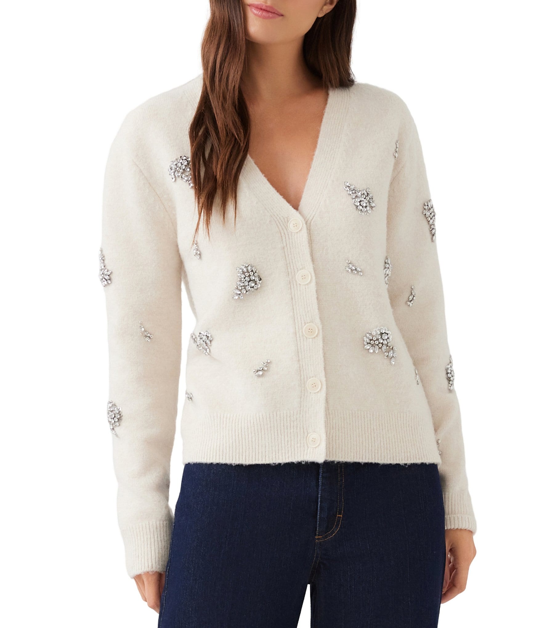 Karen Kane Rhinestone Embellished V Neck Long Sleeve Button Front Cardigan