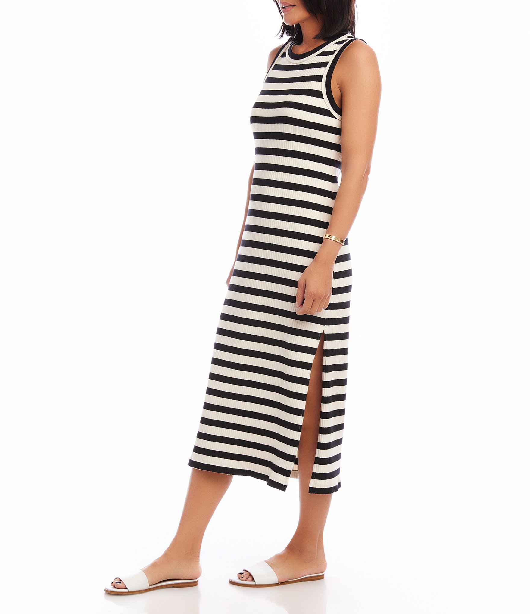 Karen Kane Rib Knit Stripe Print Scoop Neck Sleeveless Shift Midi Dress