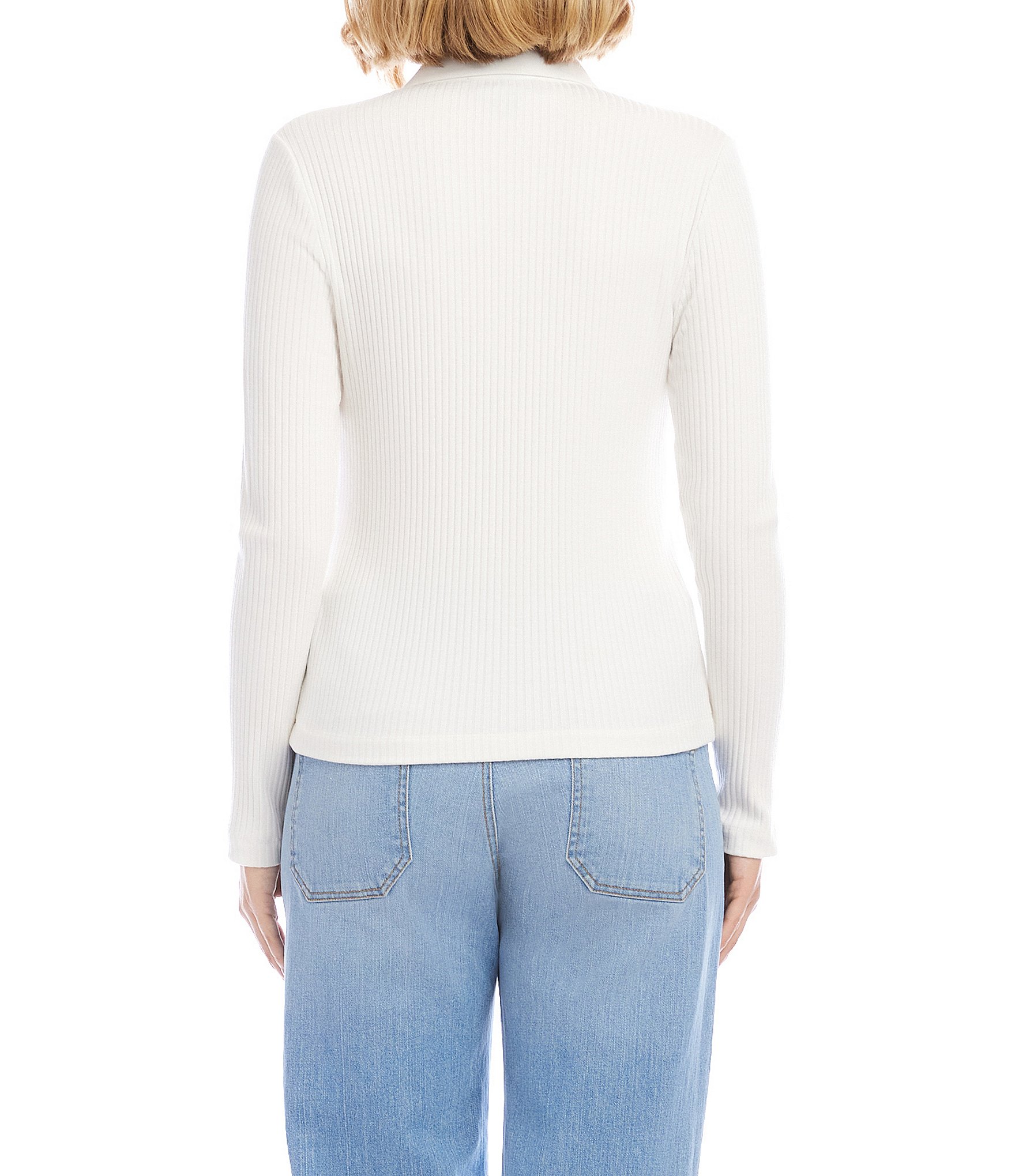 Karen Kane Ribbed Knit Contrast Point Collar Long Sleeve Button Front Shirt