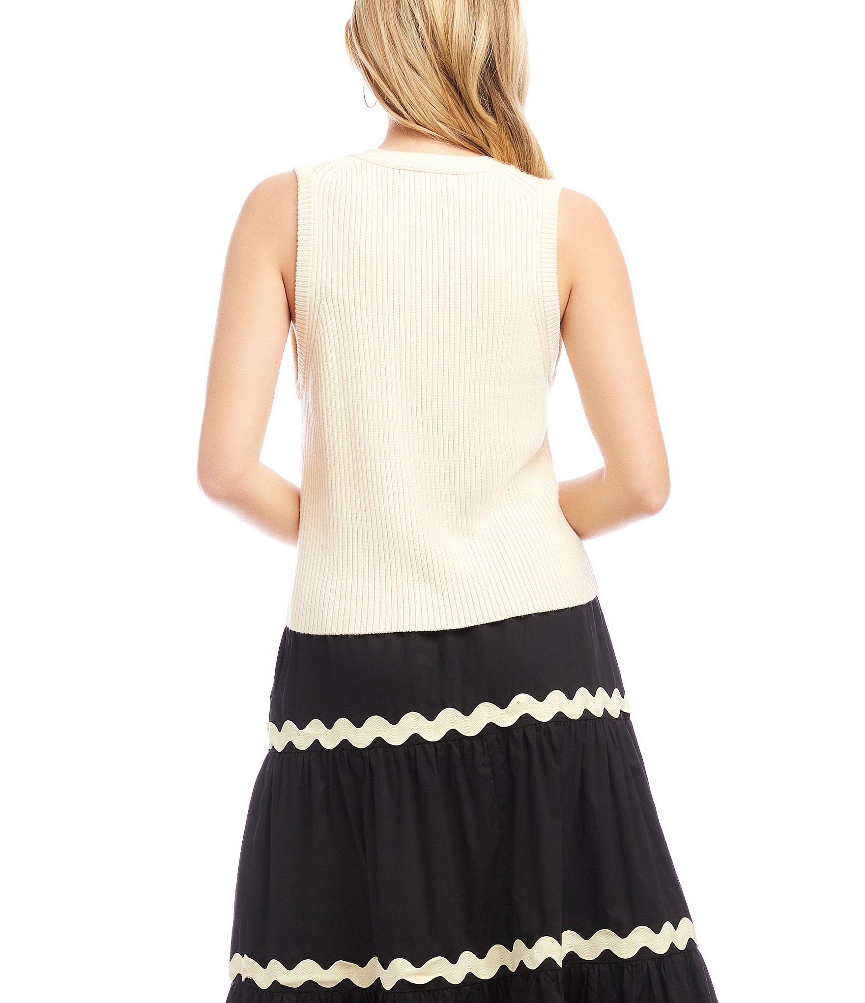 Karen Kane Ribbed V-Neck Sleeveless Button Front Vest