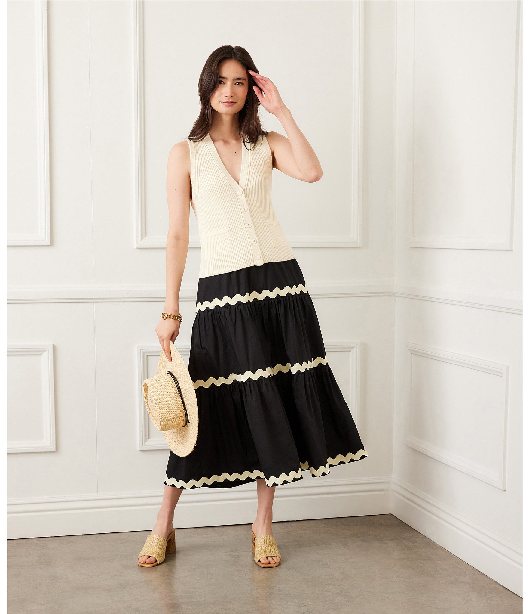 Karen Kane Ribbed V-Neck Sleeveless Button Front Vest