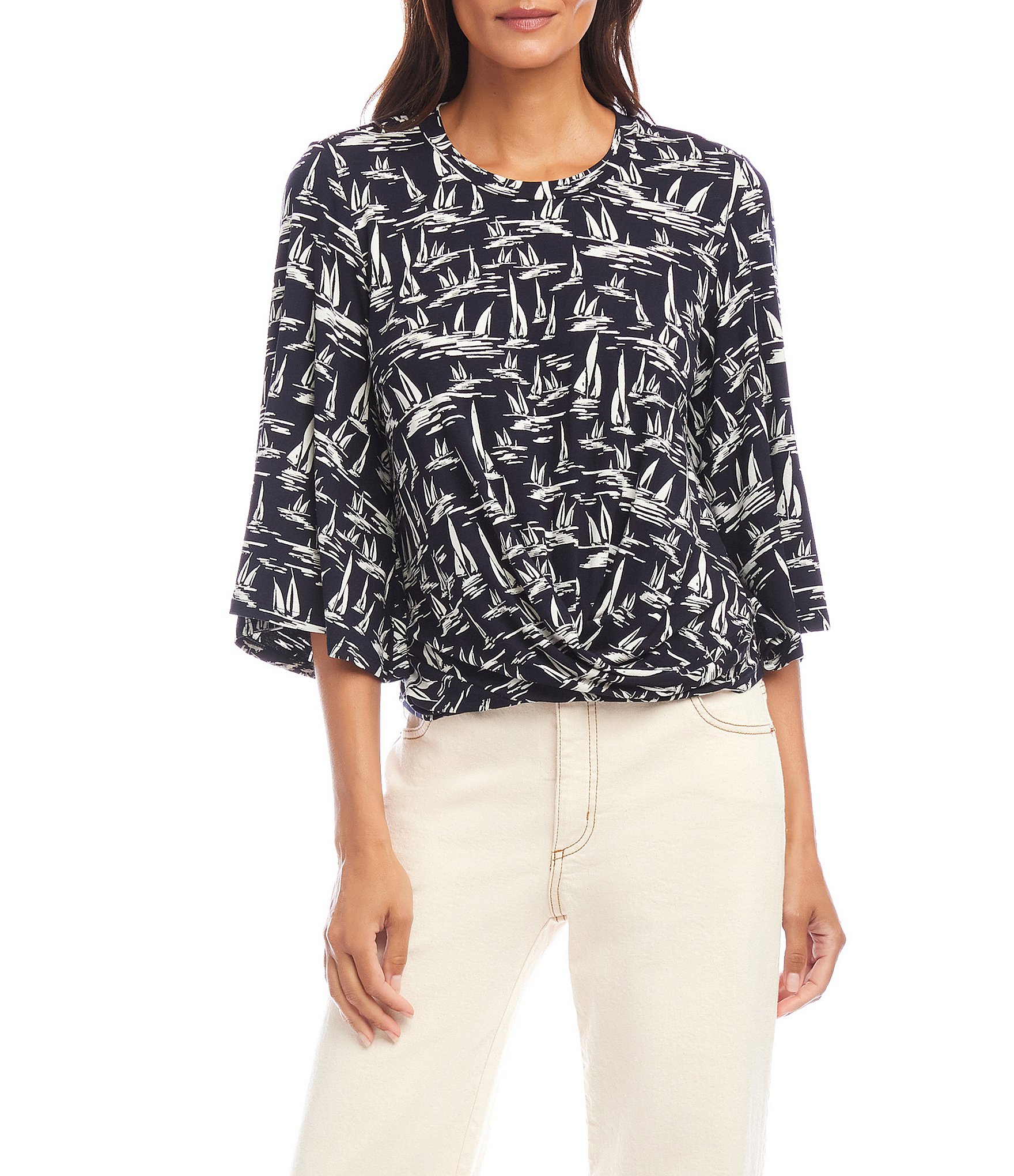 Karen Kane Sailboat Print Flare Sleeve Drape Front Top