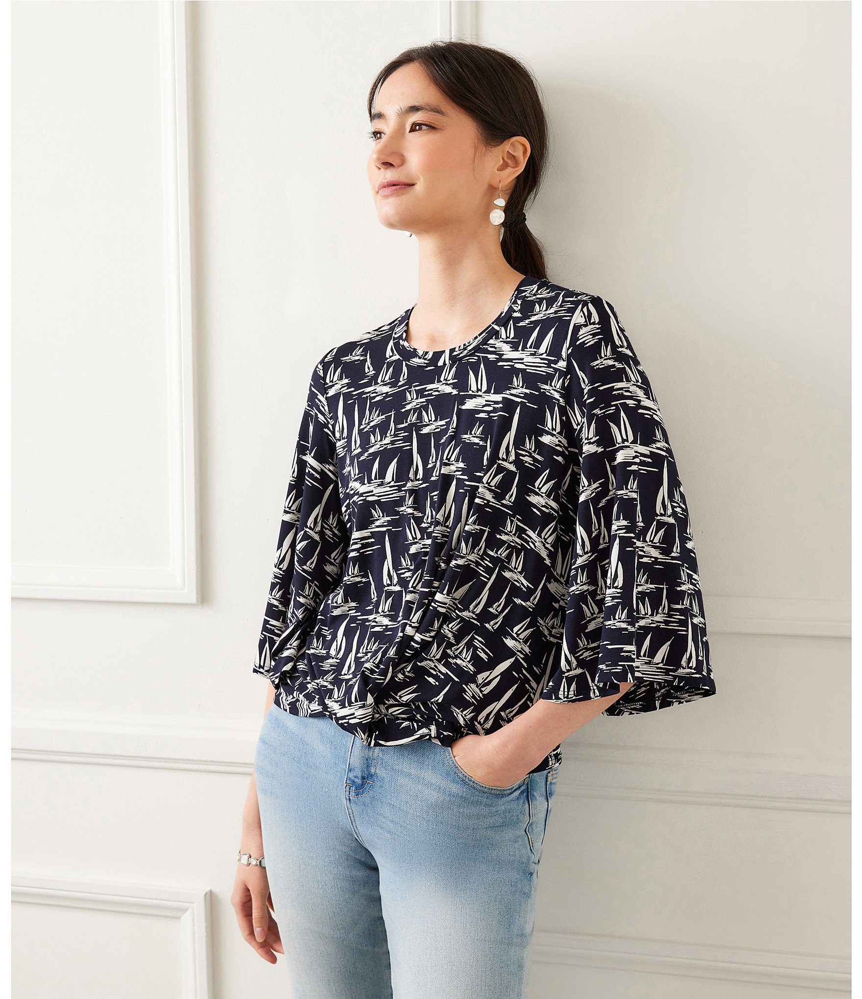 Karen Kane Sailboat Print Flare Sleeve Drape Front Top
