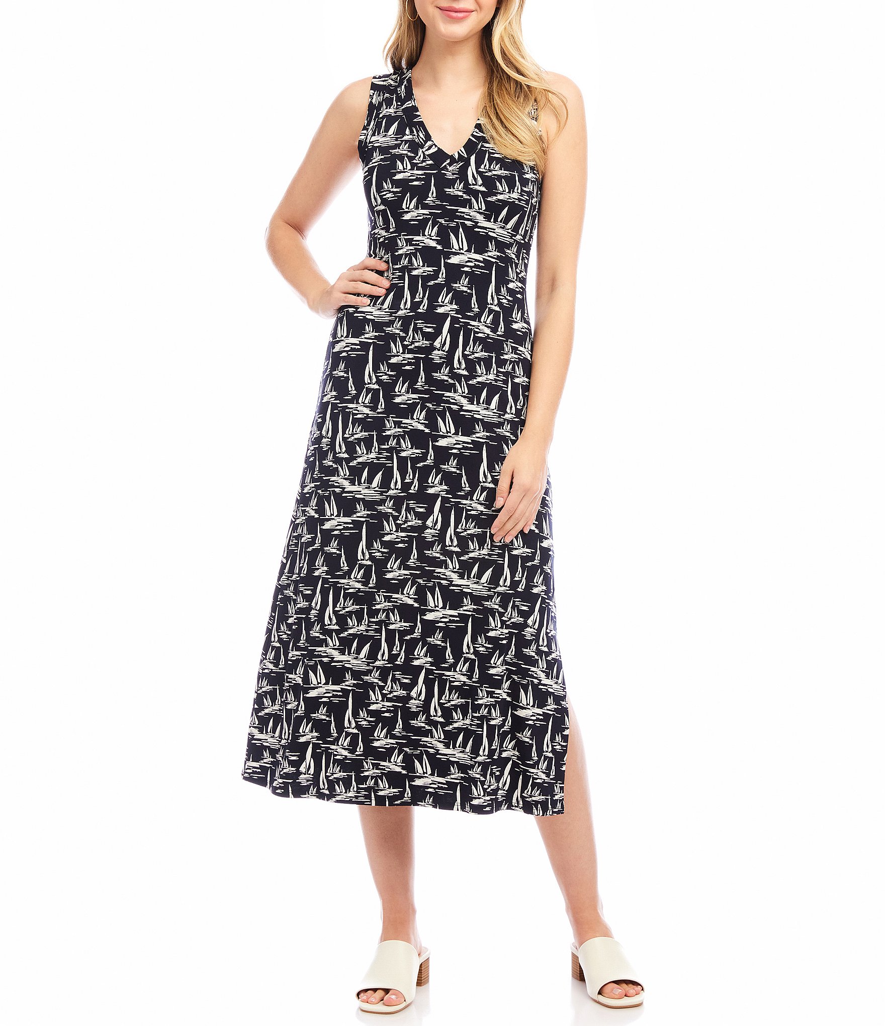 Karen Kane Sailboat Print V-Neck Sleeveless Midi Dress
